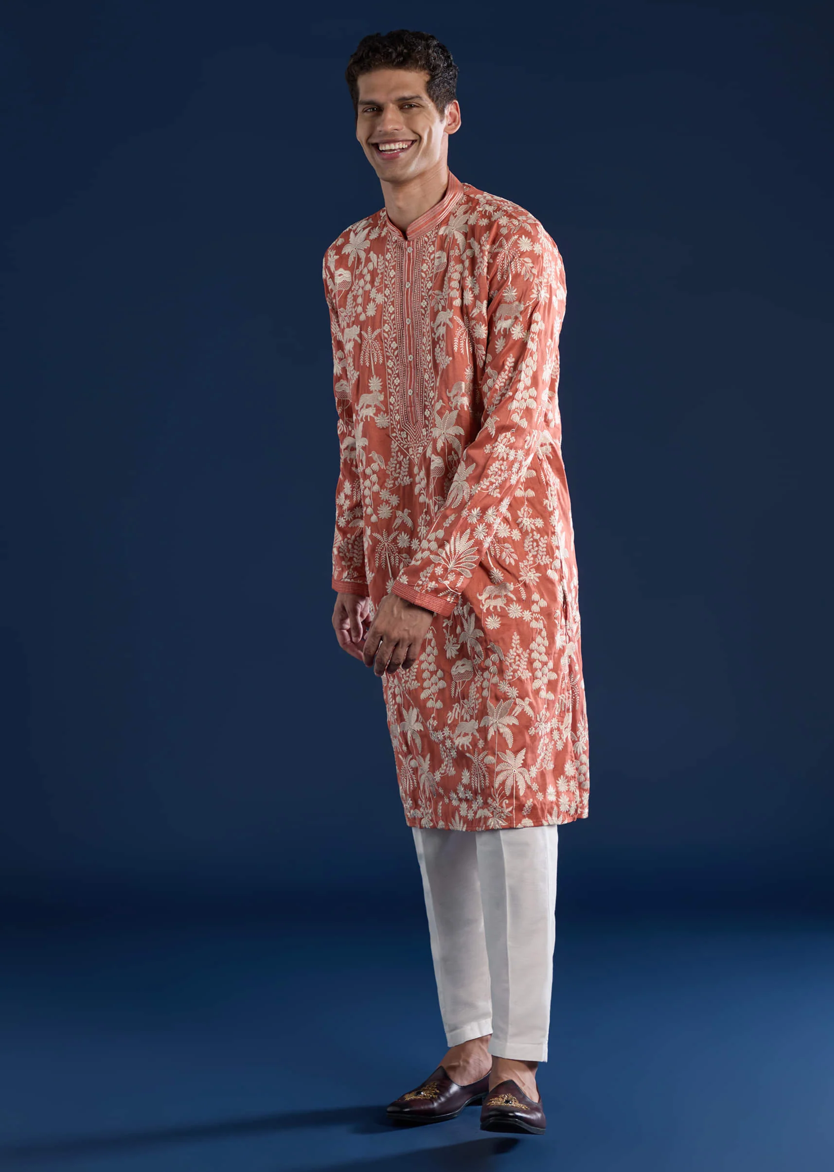 Orange Embellished Mens Kurta and Pant Set - Image 4