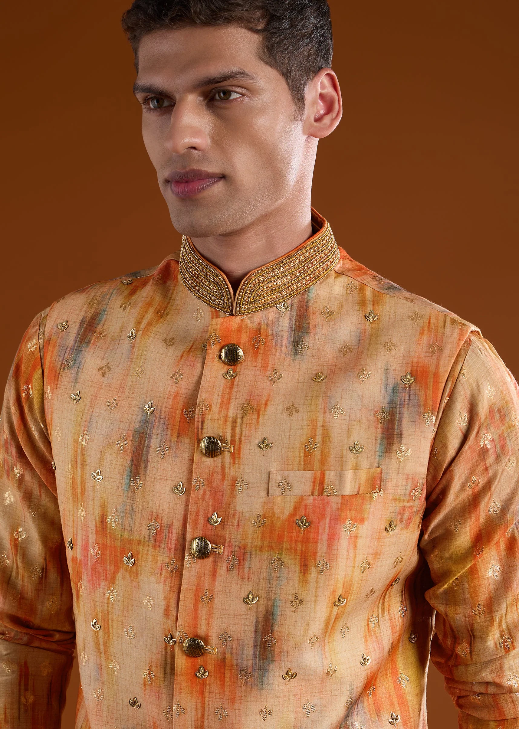 Orange Embellished Silk Kurta Jacket Set - Image 2