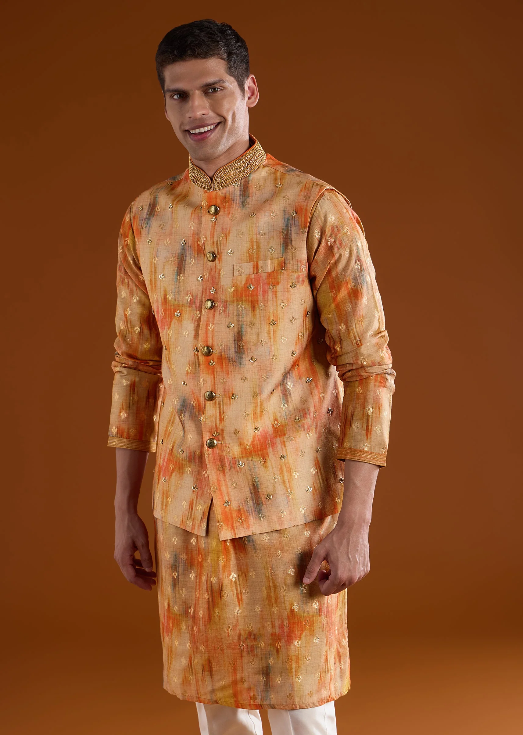 Orange Embellished Silk Kurta Jacket Set - Image 4