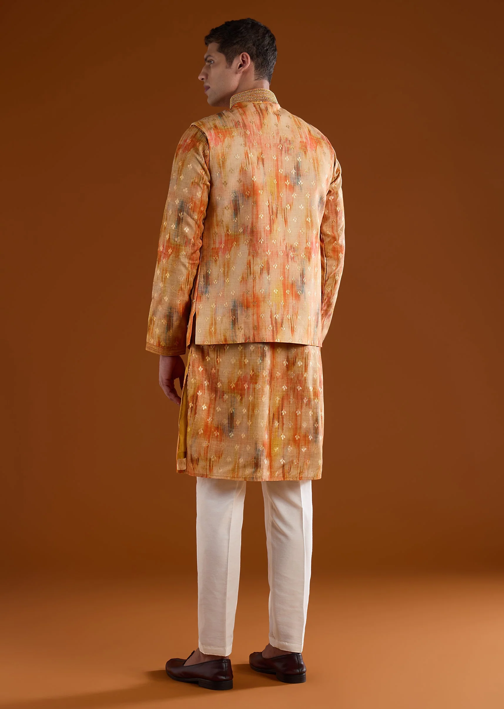 Orange Embellished Silk Kurta Jacket Set - Image 5