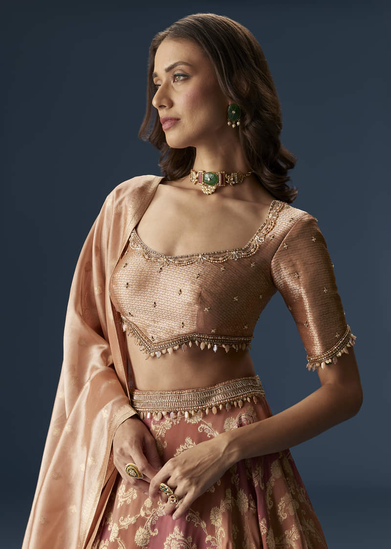 Orange Embroidered Blouse With Ruching Lehenga And Tassel Dupatta - Image 3