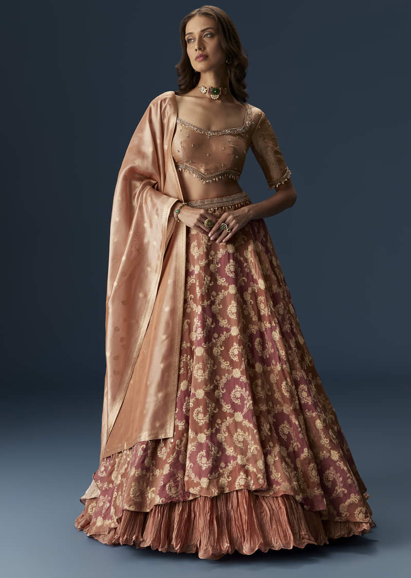 Orange Embroidered Blouse With Ruching Lehenga And Tassel Dupatta - Image 4
