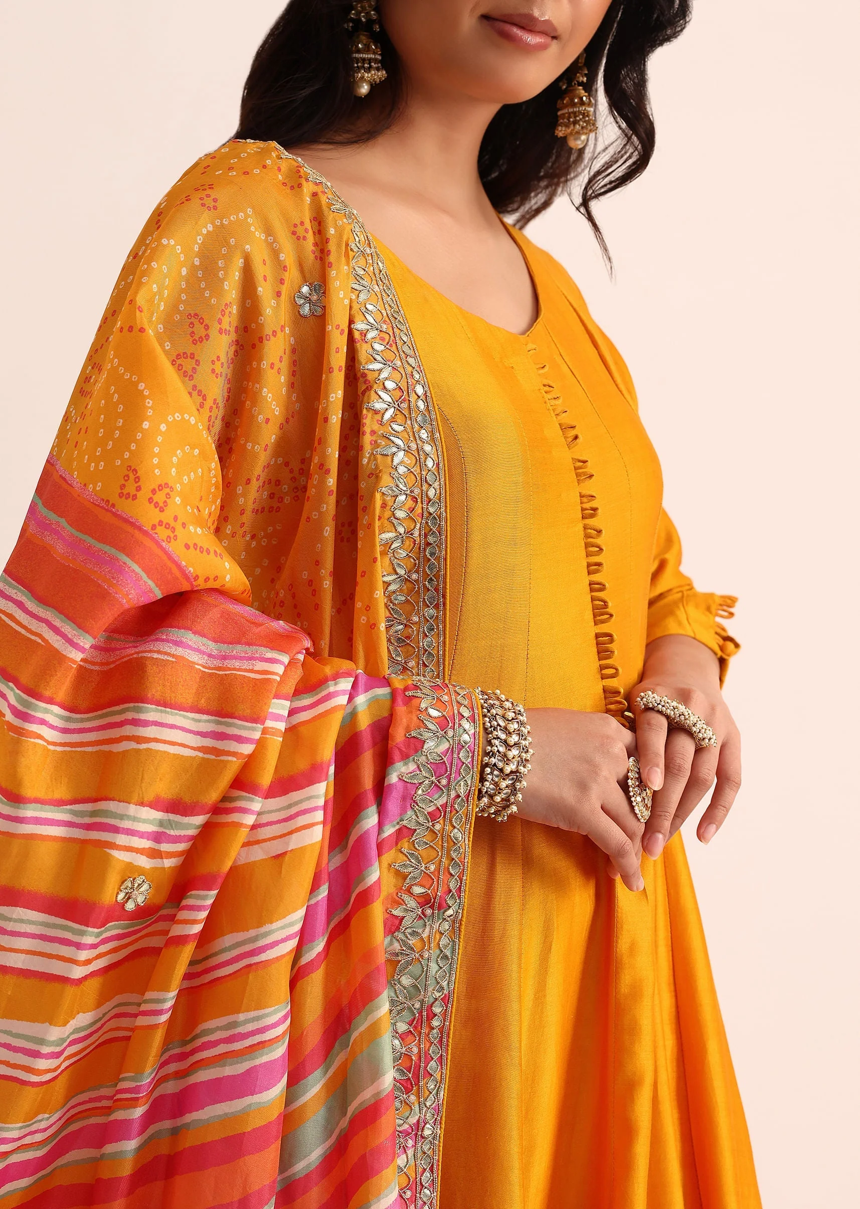 Orange Embroidered Chanderi Anarkali Set With Bandhani And Leheriya Dupatta - Image 2