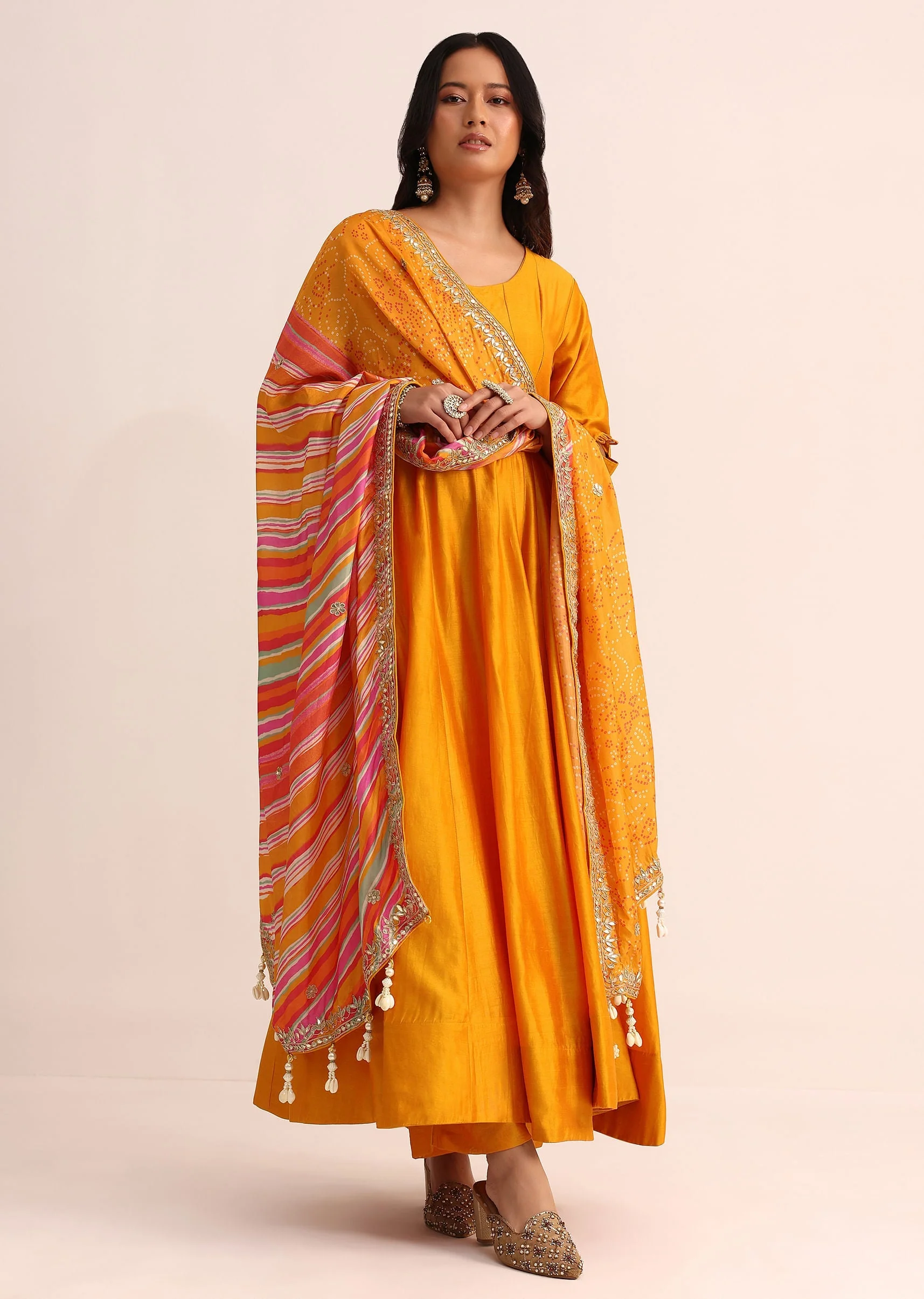 Orange Embroidered Chanderi Anarkali Set With Bandhani And Leheriya Dupatta - Image 3