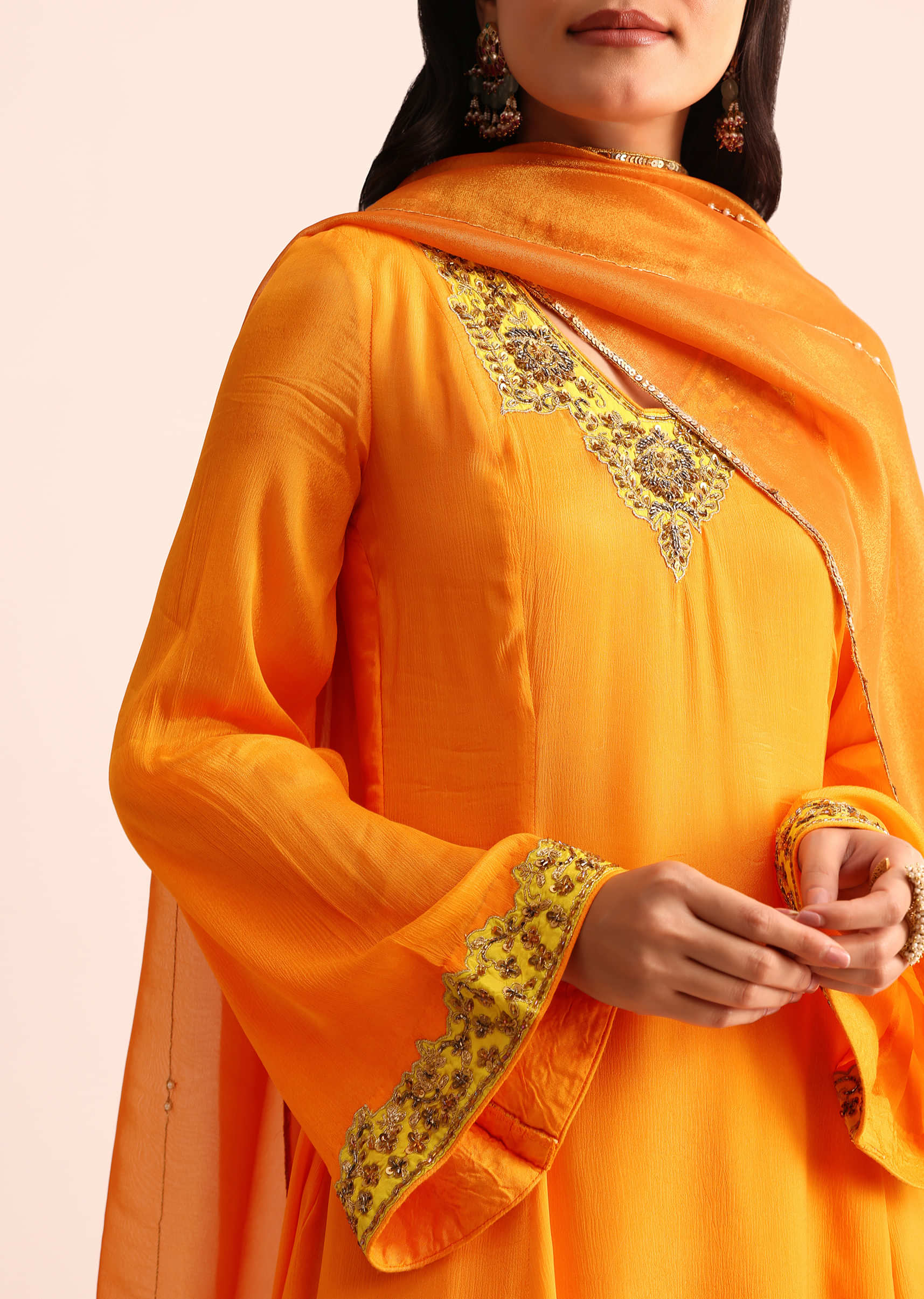 Orange Embroidered Chiffon Kurta Palazzo Set - Image 2