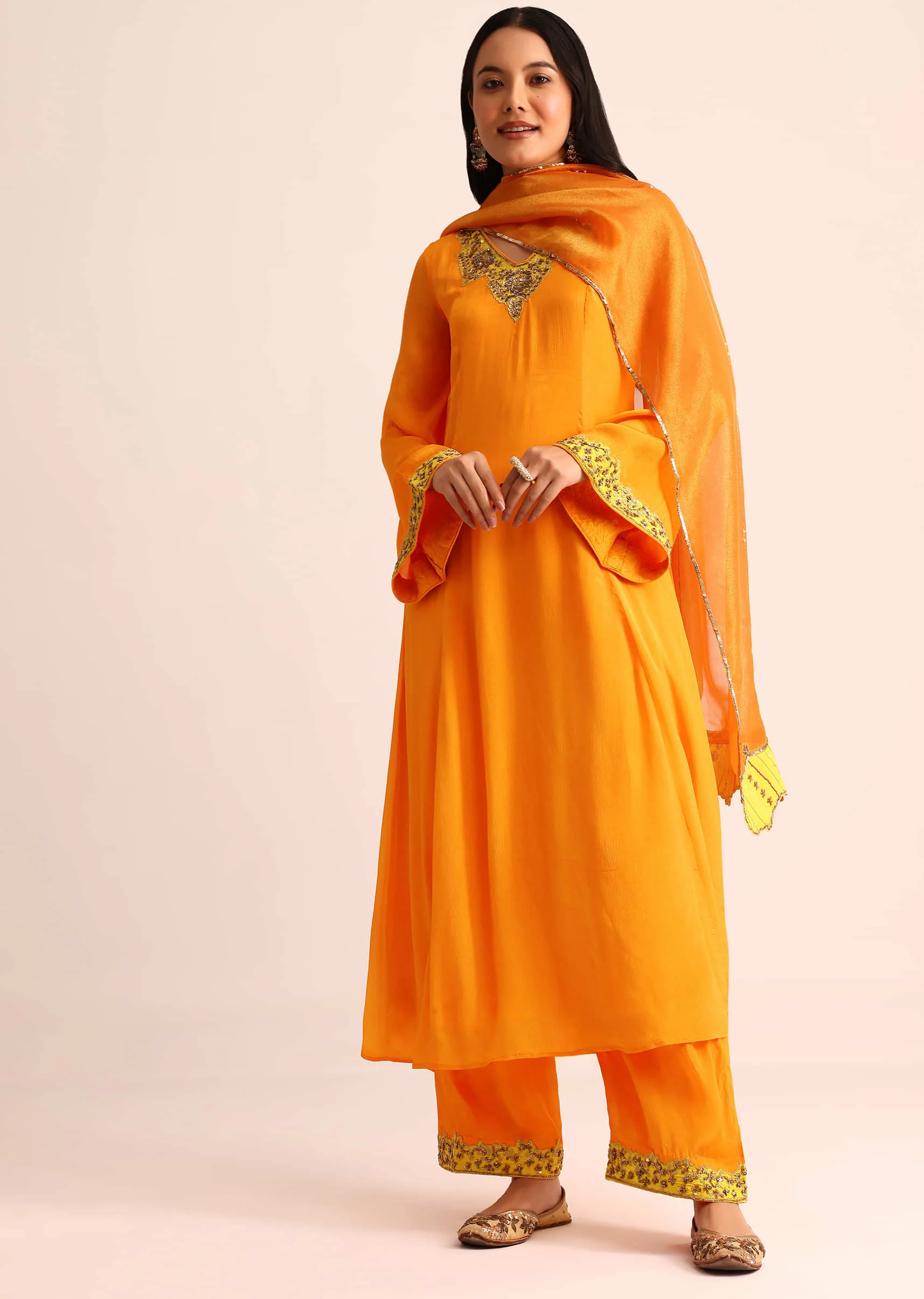 Orange Embroidered Chiffon Kurta Palazzo Set - Image 3