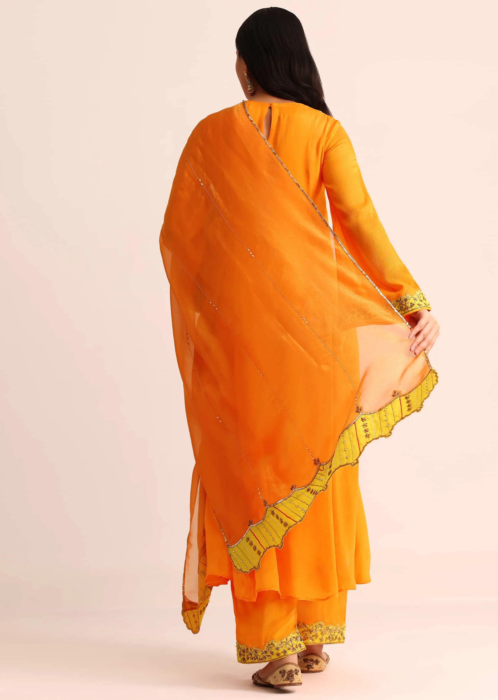 Orange Embroidered Chiffon Kurta Palazzo Set - Image 4