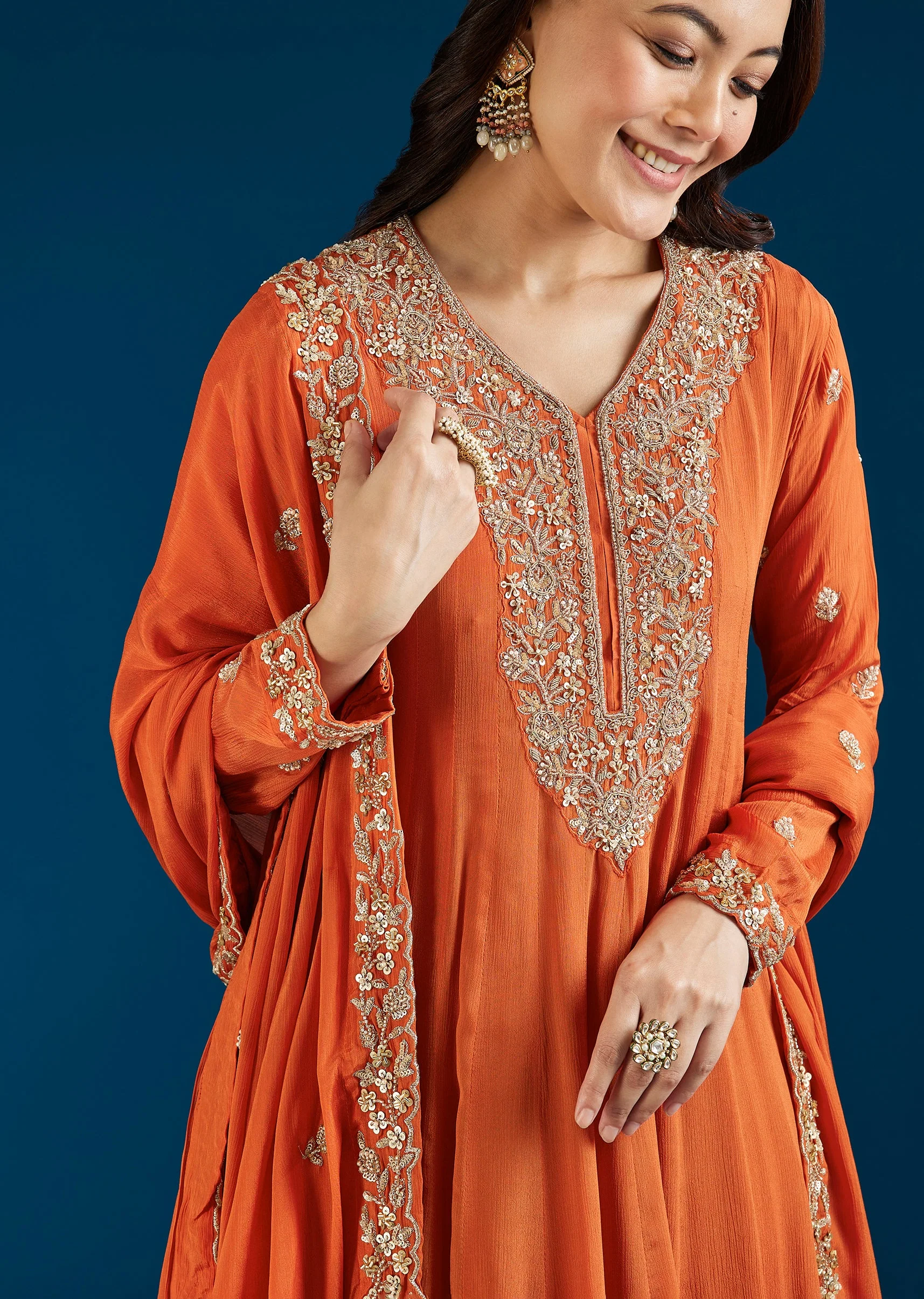 Orange Embroidered Chinon Anarkali Suit With Dupatta - Image 2