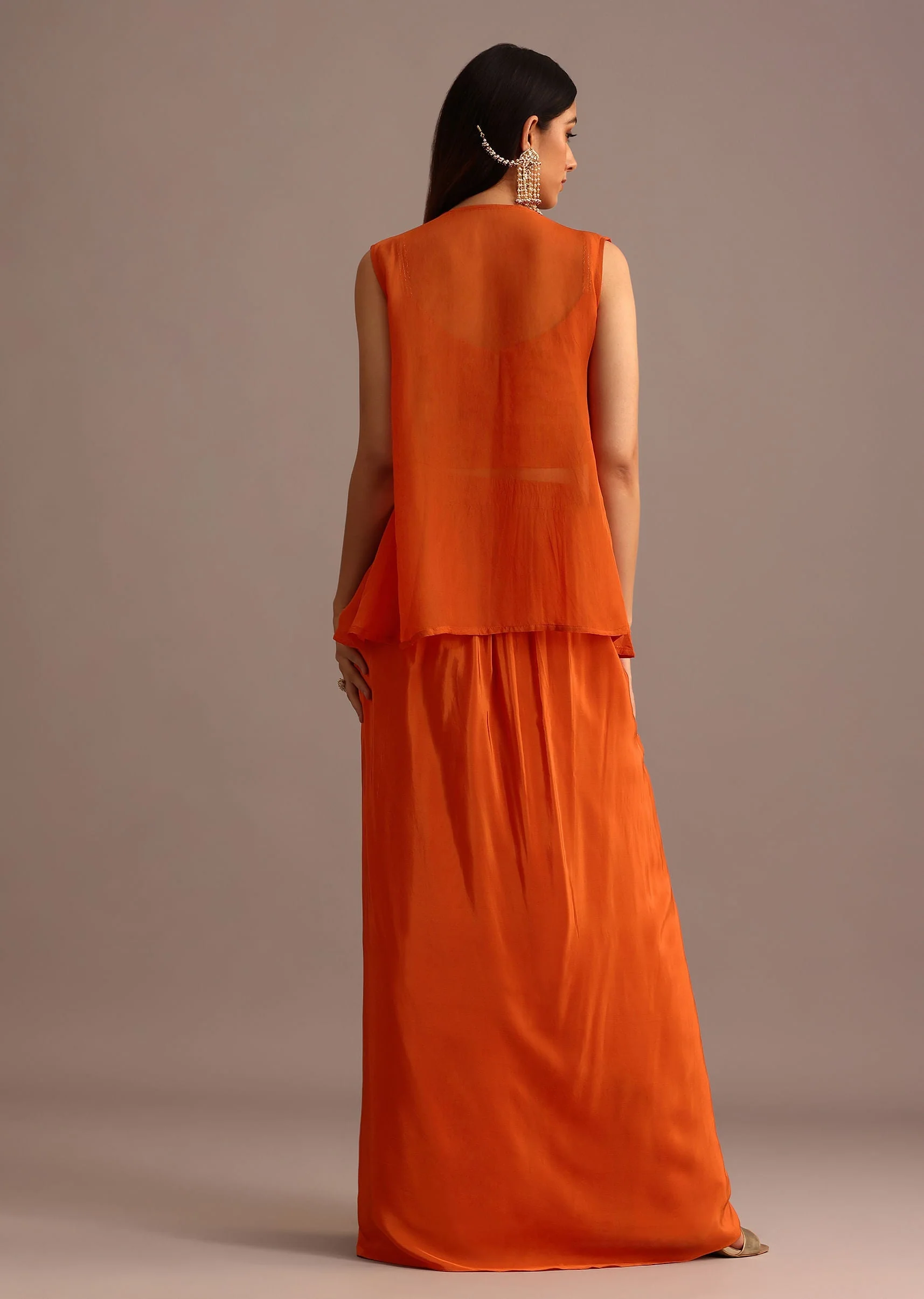 Orange Embroidered Croptop With Draped Skirt And Organza Jacket - Image 6