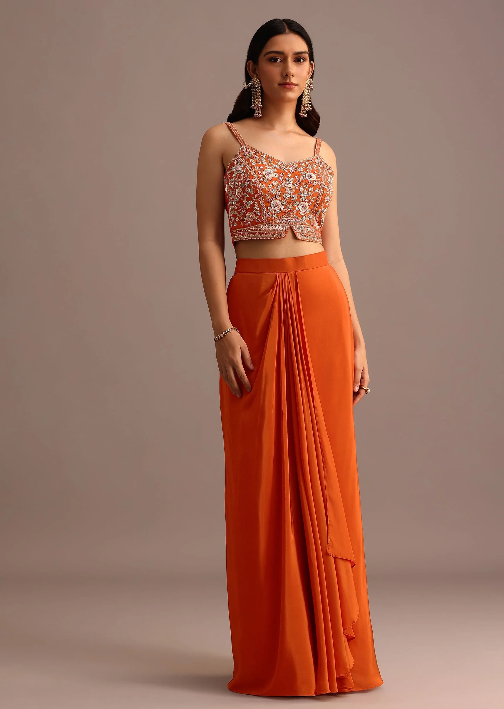 Orange Embroidered Croptop With Draped Skirt And Organza Jacket - Image 7