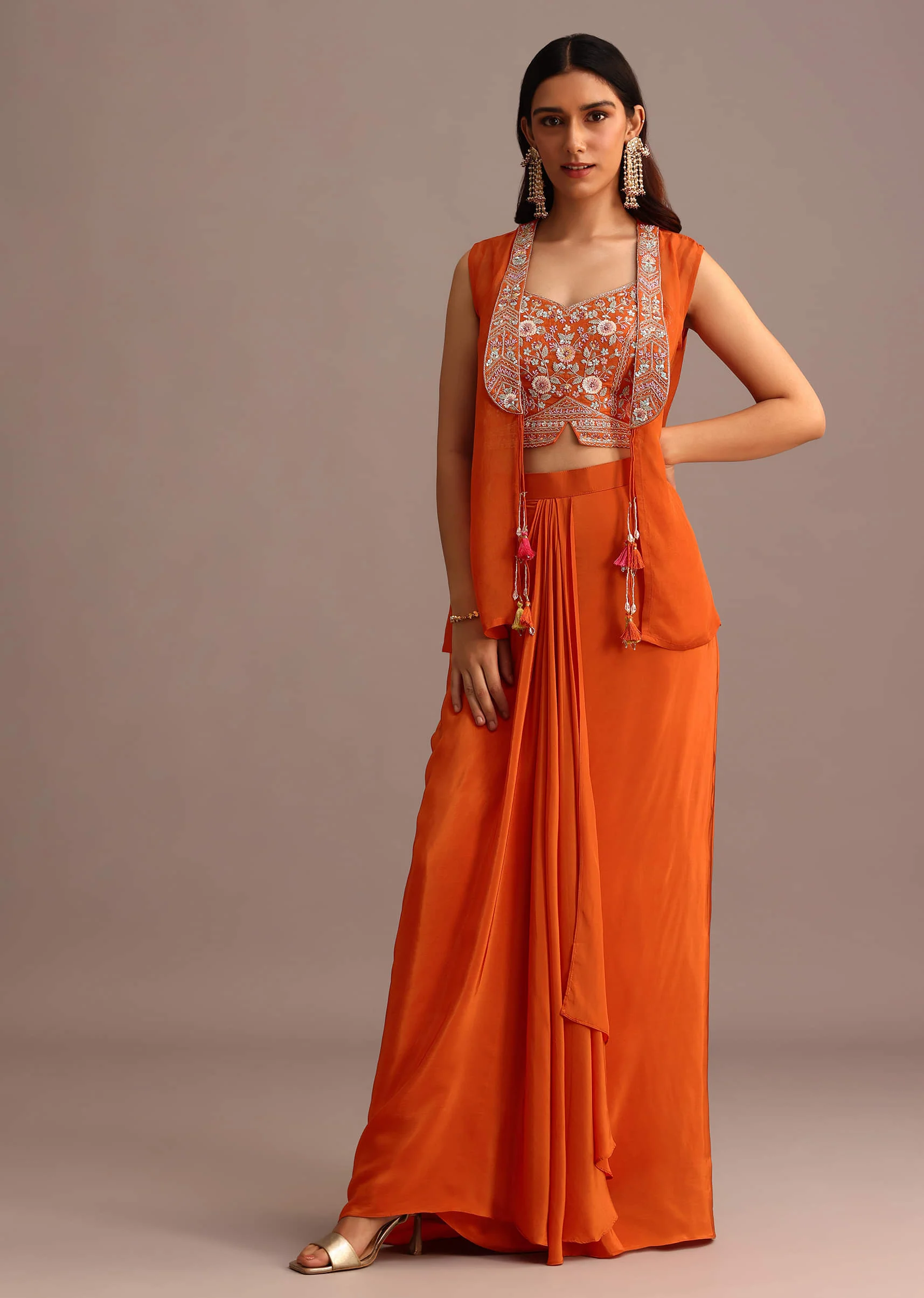 Orange Embroidered Croptop With Draped Skirt And Organza Jacket - Image 8