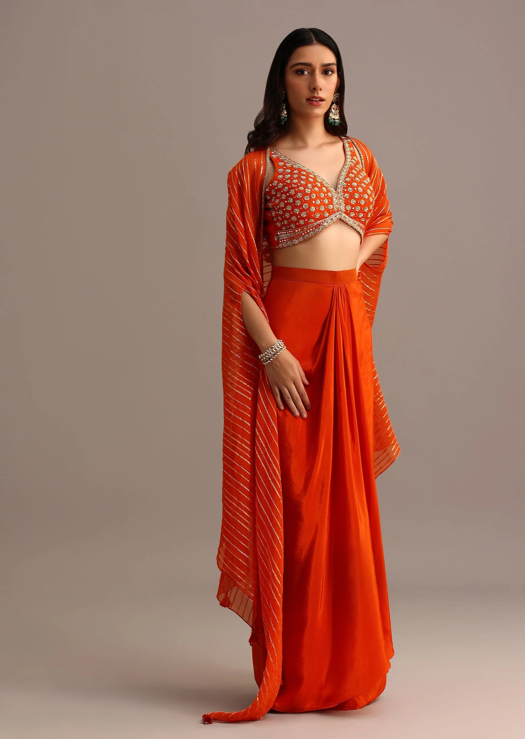 Orange Embroidered Croptop With Pleated Skirt And Chanderi Jacket - Image 3