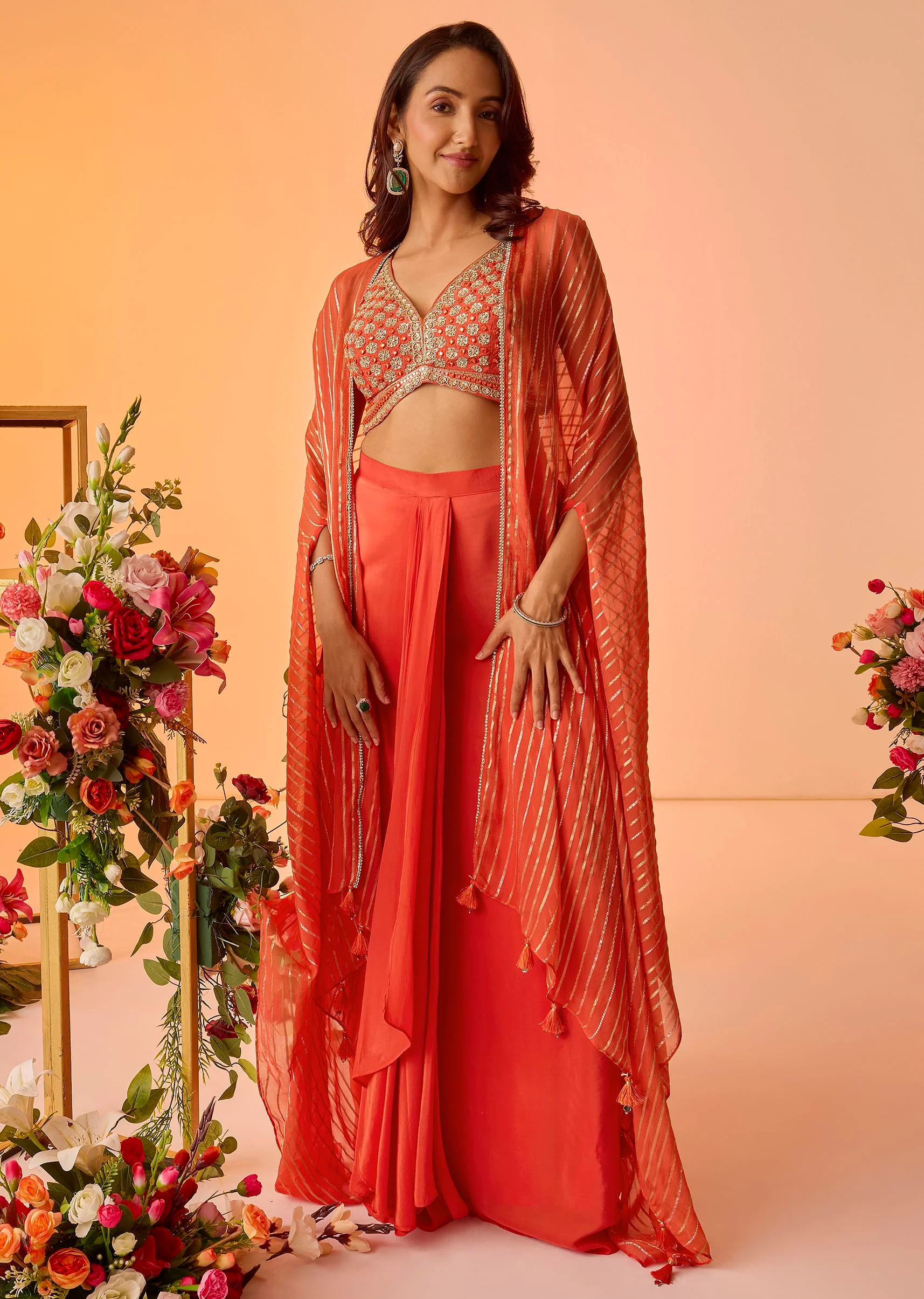 Orange Embroidered Croptop With Pleated Skirt And Chanderi Jacket - Image 5