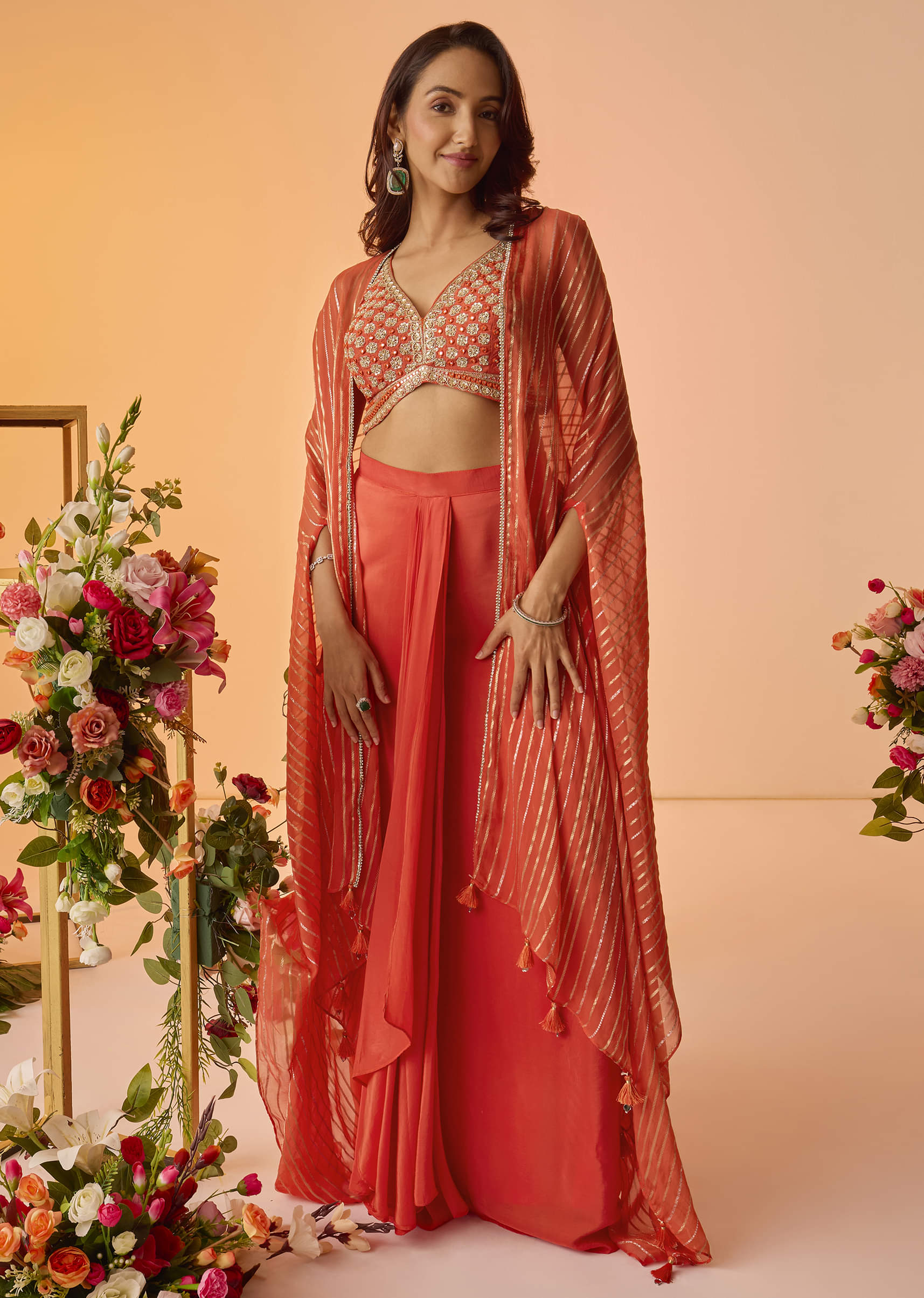 Orange Embroidered Croptop With Pleated Skirt And Chanderi Jacket - Image 6
