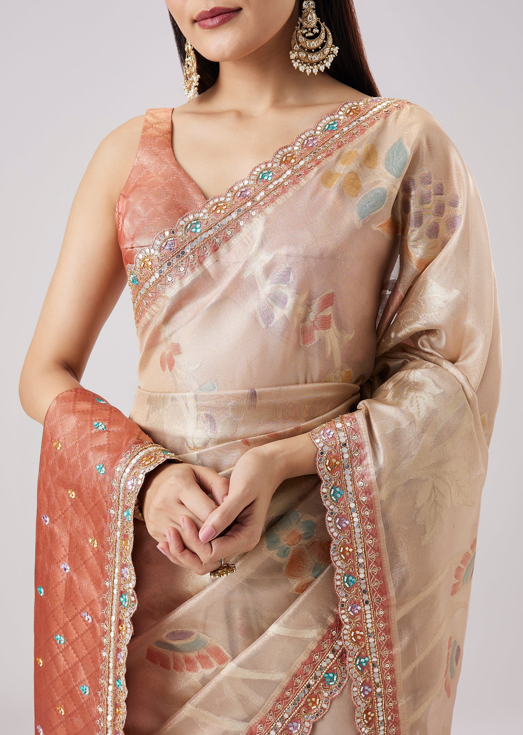 Orange Embroidered Saree With Unstitched Blouse - Image 2
