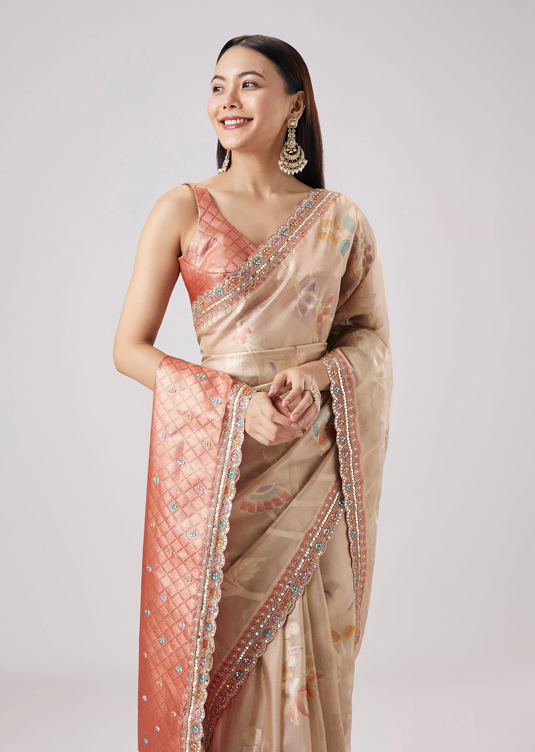 Orange Embroidered Saree With Unstitched Blouse - Image 5
