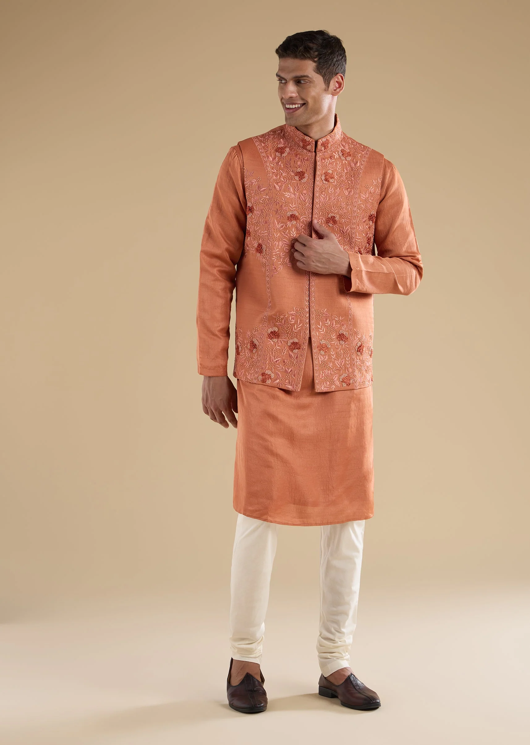 Orange Embroidered Silk Kurta Jacket Set