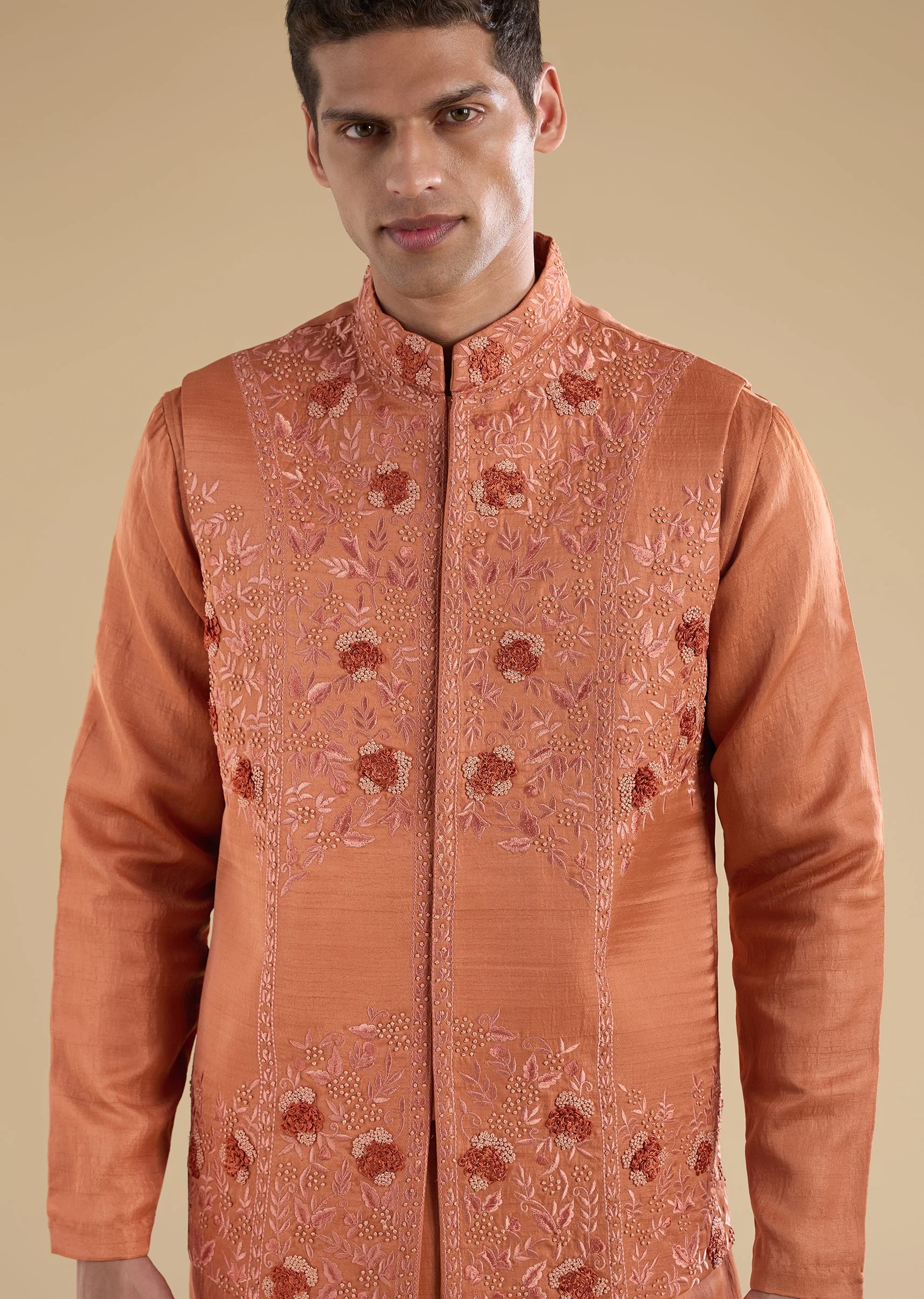 Orange Embroidered Silk Kurta Jacket Set - Image 2