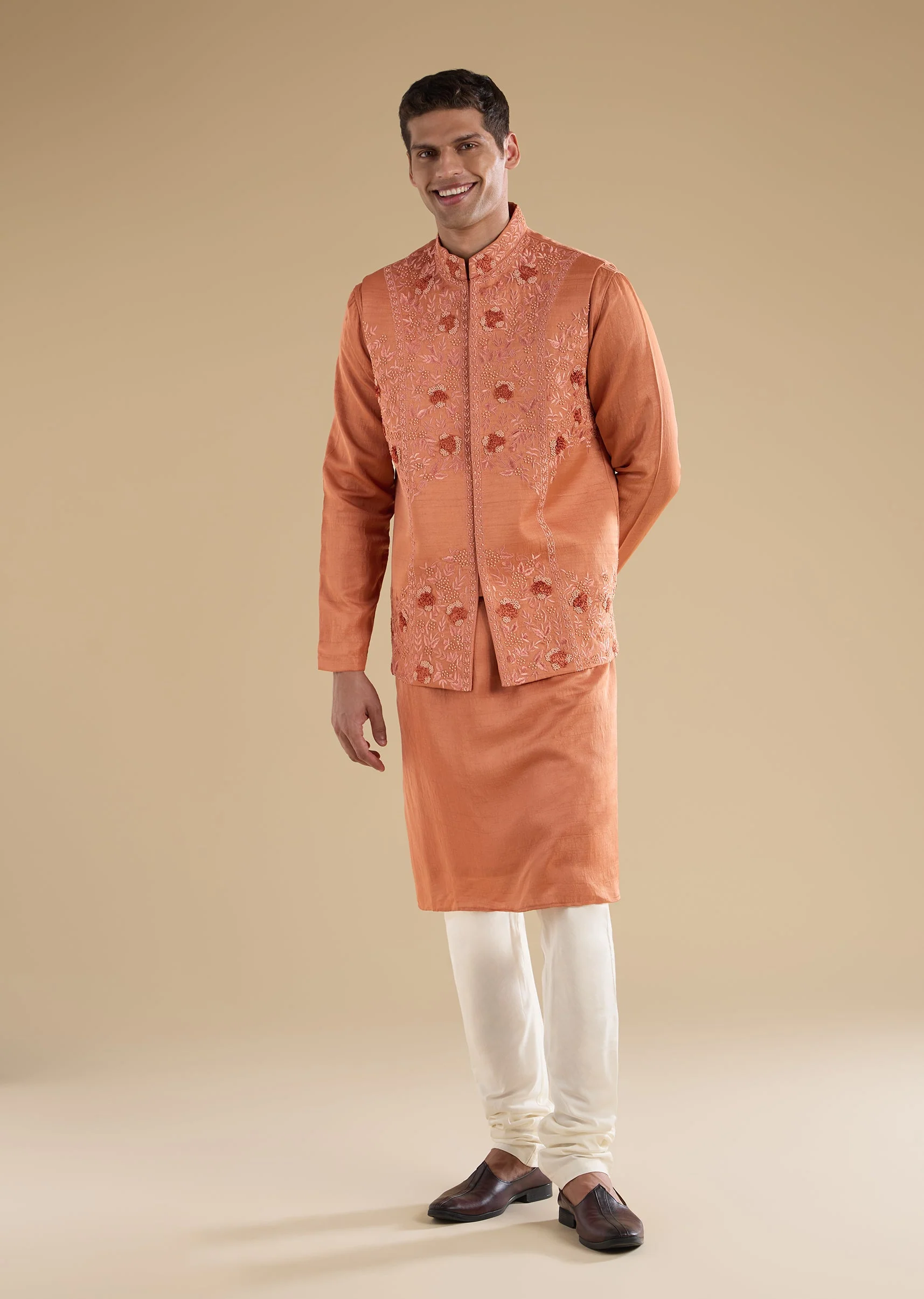 Orange Embroidered Silk Kurta Jacket Set - Image 3