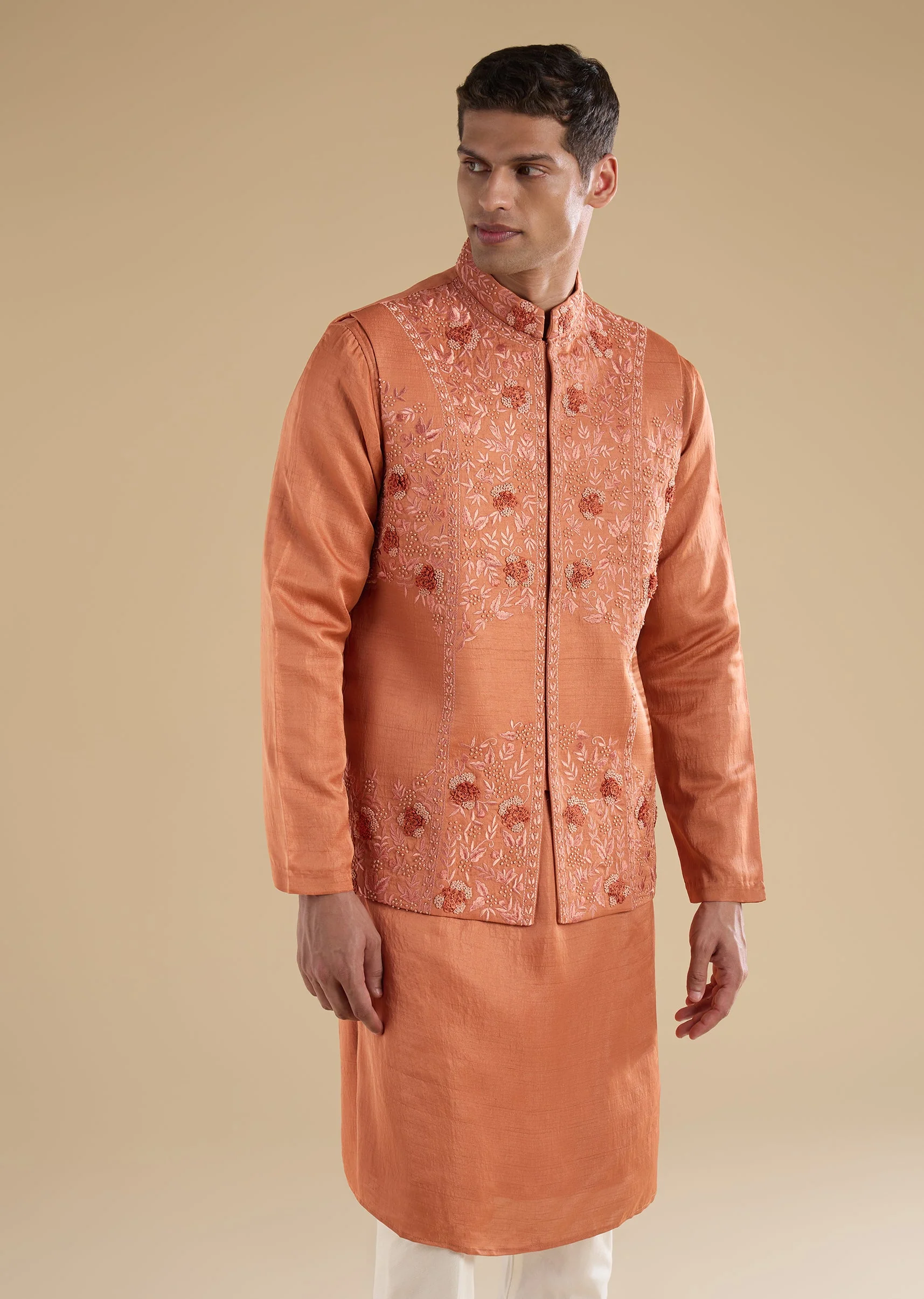 Orange Embroidered Silk Kurta Jacket Set - Image 4