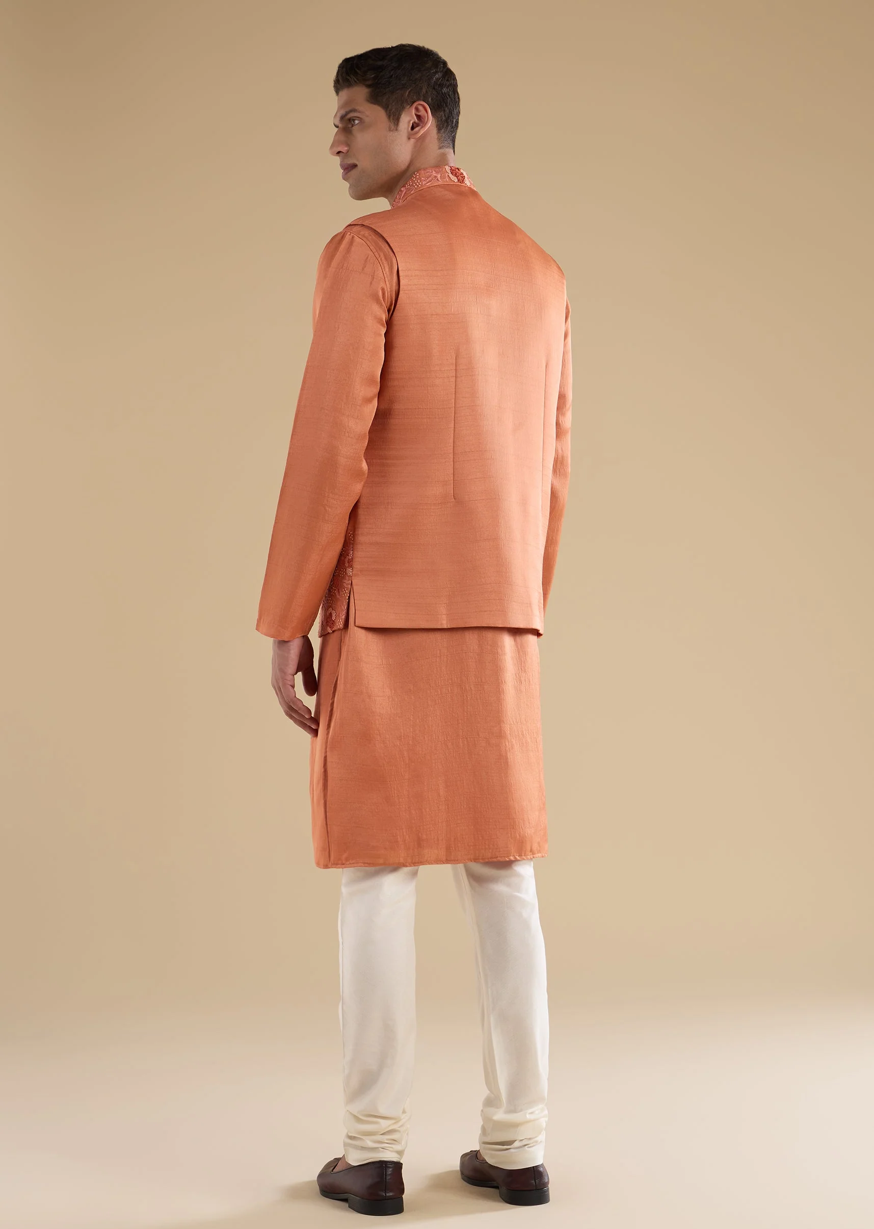 Orange Embroidered Silk Kurta Jacket Set - Image 5