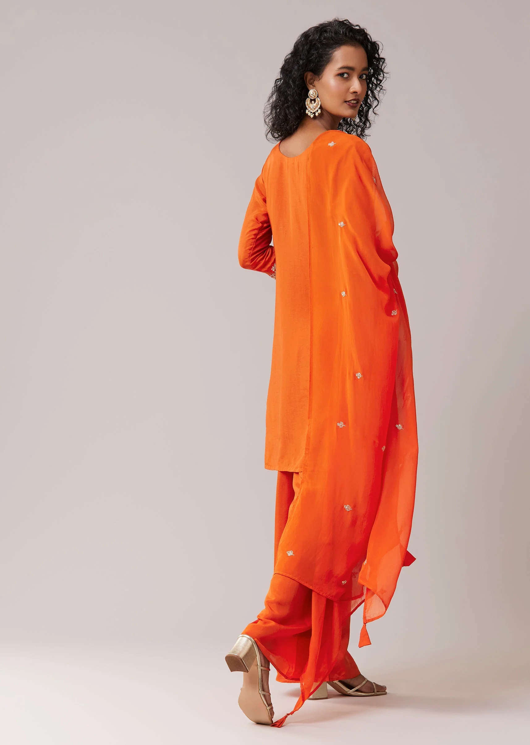 Orange Embroidered Silk Kurta Set with Gota Work - Image 5