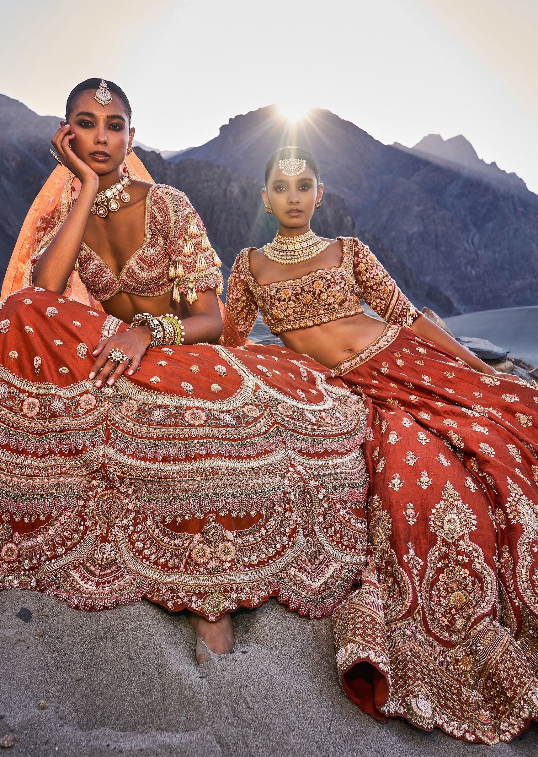 Orange Embroidered Silk Lehenga With Two Dupattas - Image 5