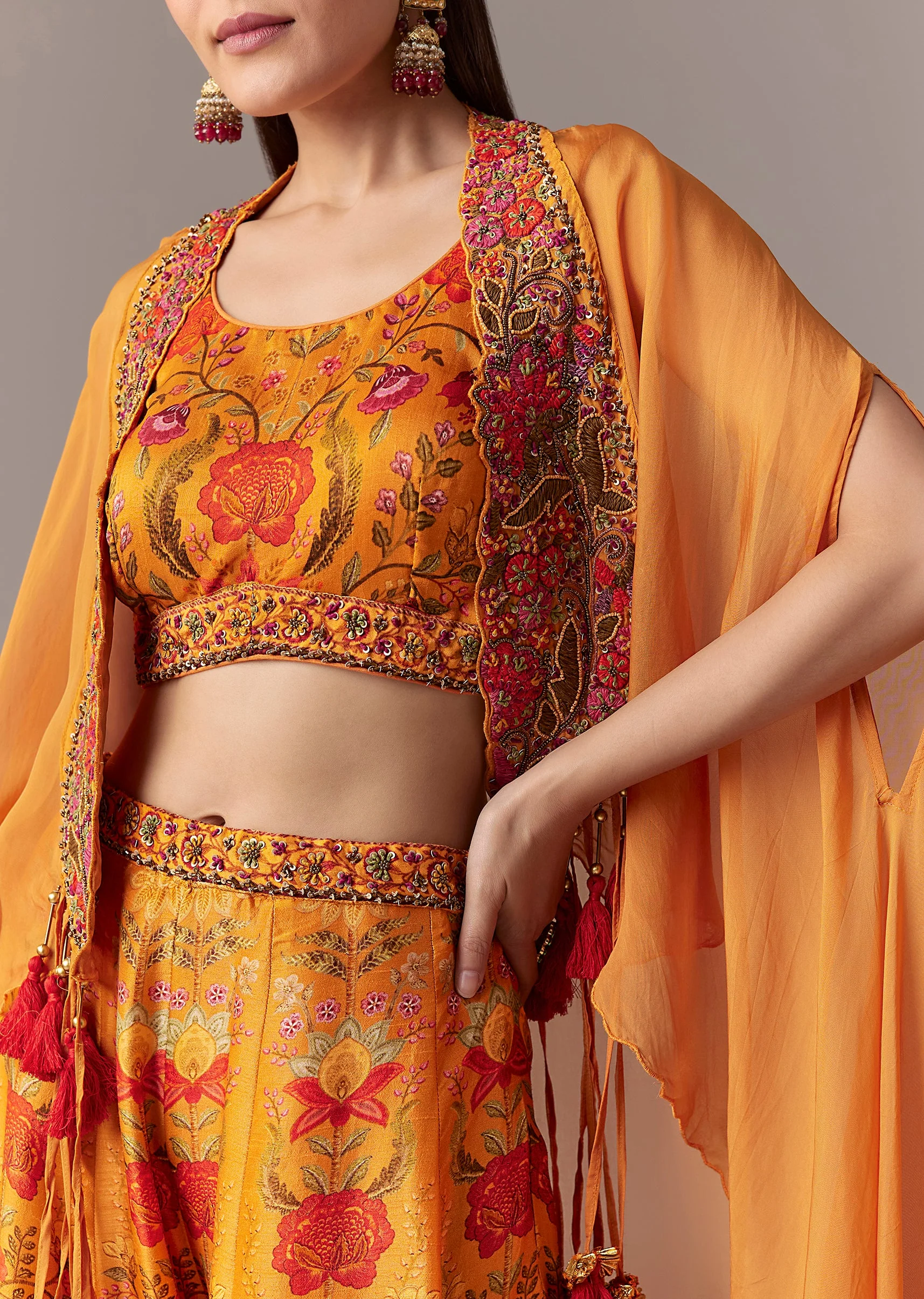 Orange Floral Cape Crop Top Set With Palazzo - Image 2