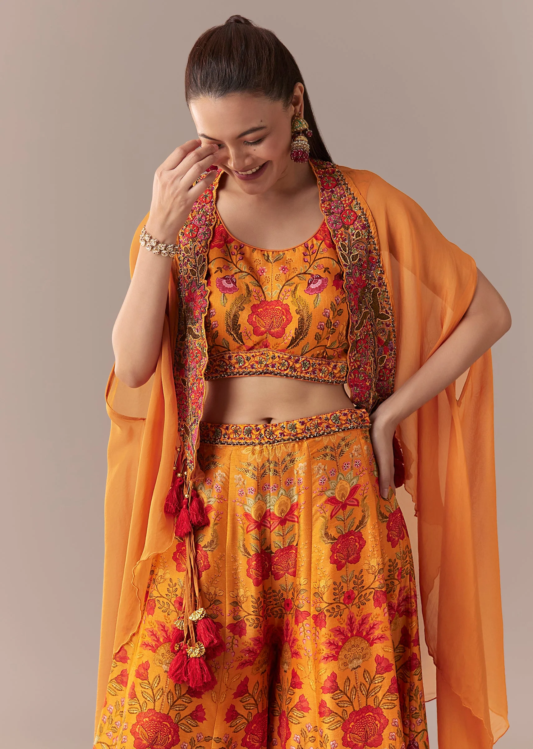 Orange Floral Cape Crop Top Set With Palazzo - Image 4