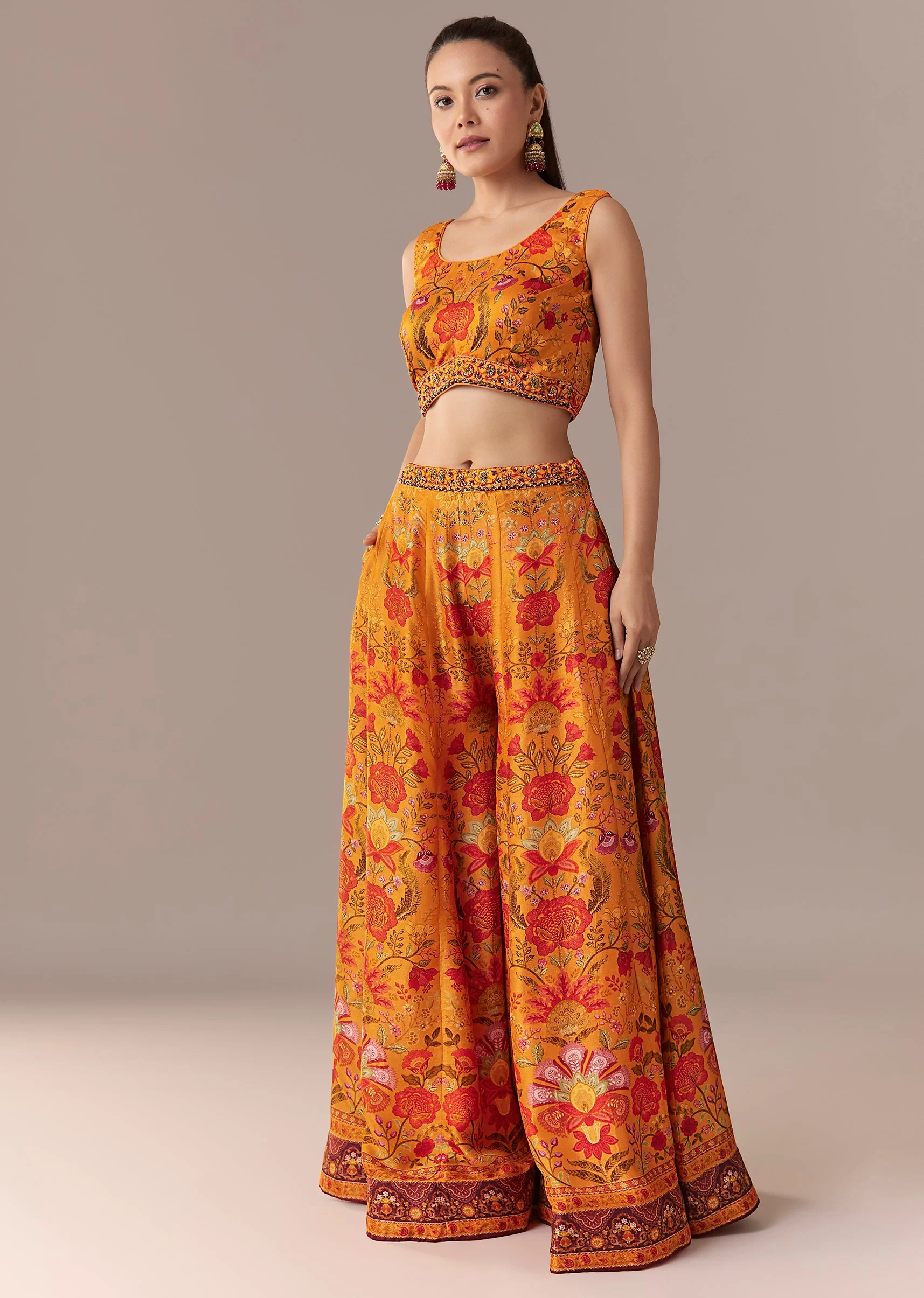 Orange Floral Cape Crop Top Set With Palazzo - Image 6