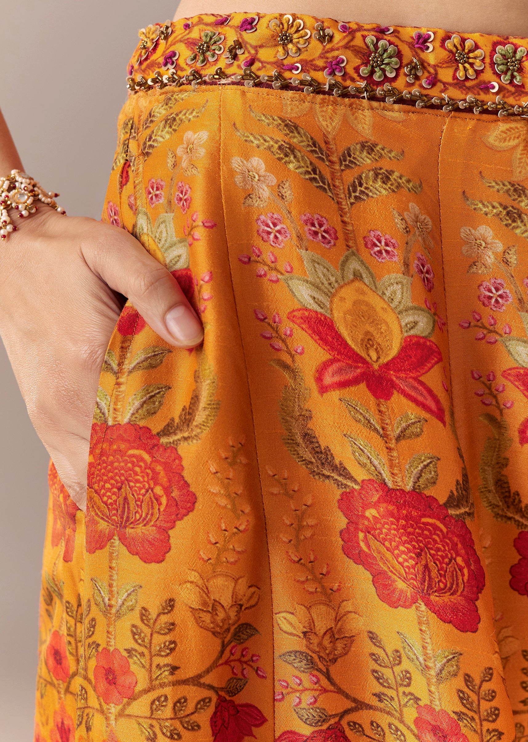Orange Floral Cape Crop Top Set With Palazzo - Image 7