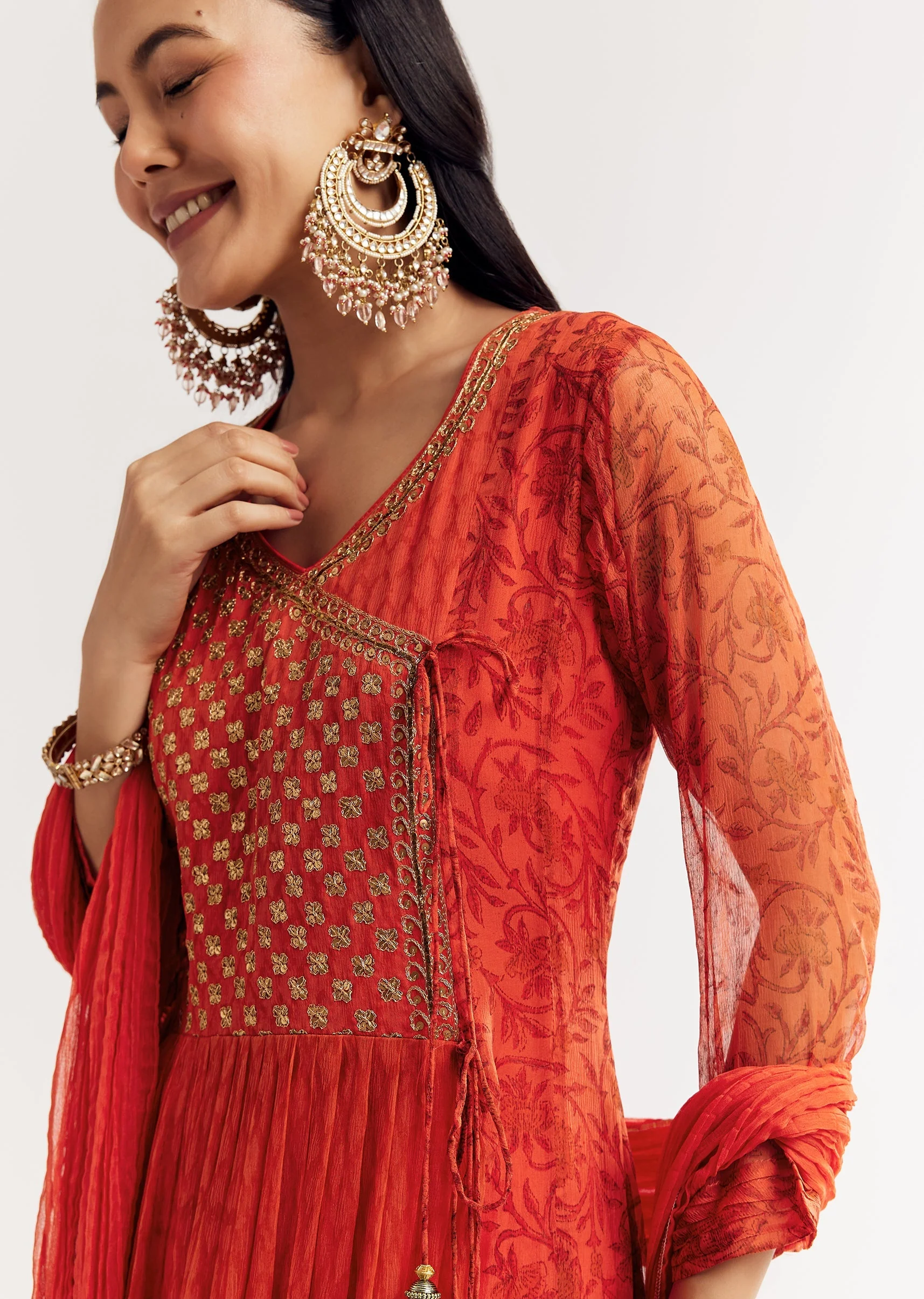 Orange Floral Chiffon Anarkali Kurta Set With Dupatta - Image 3
