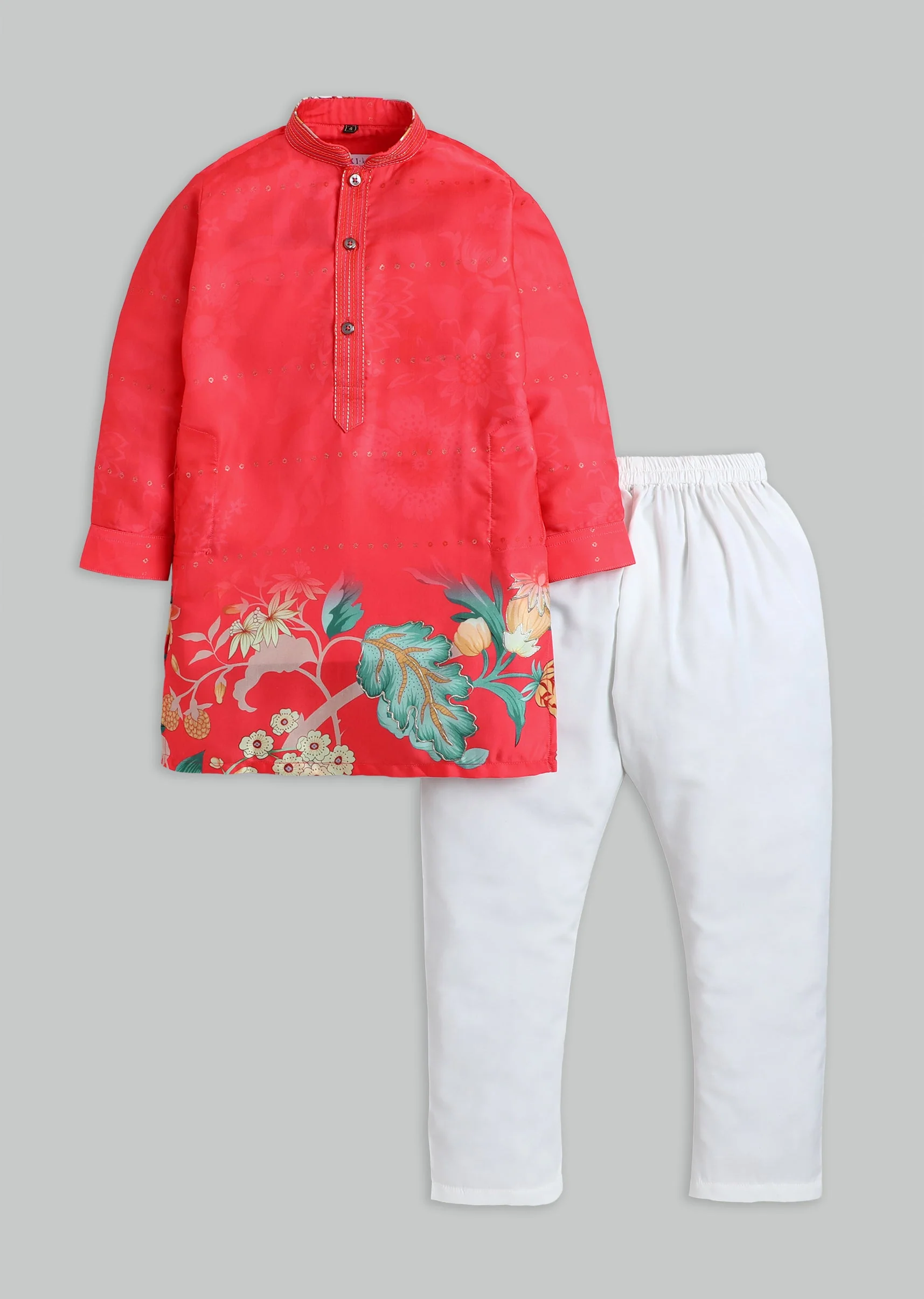 Orange Floral Printed Kurta Set For Boys
