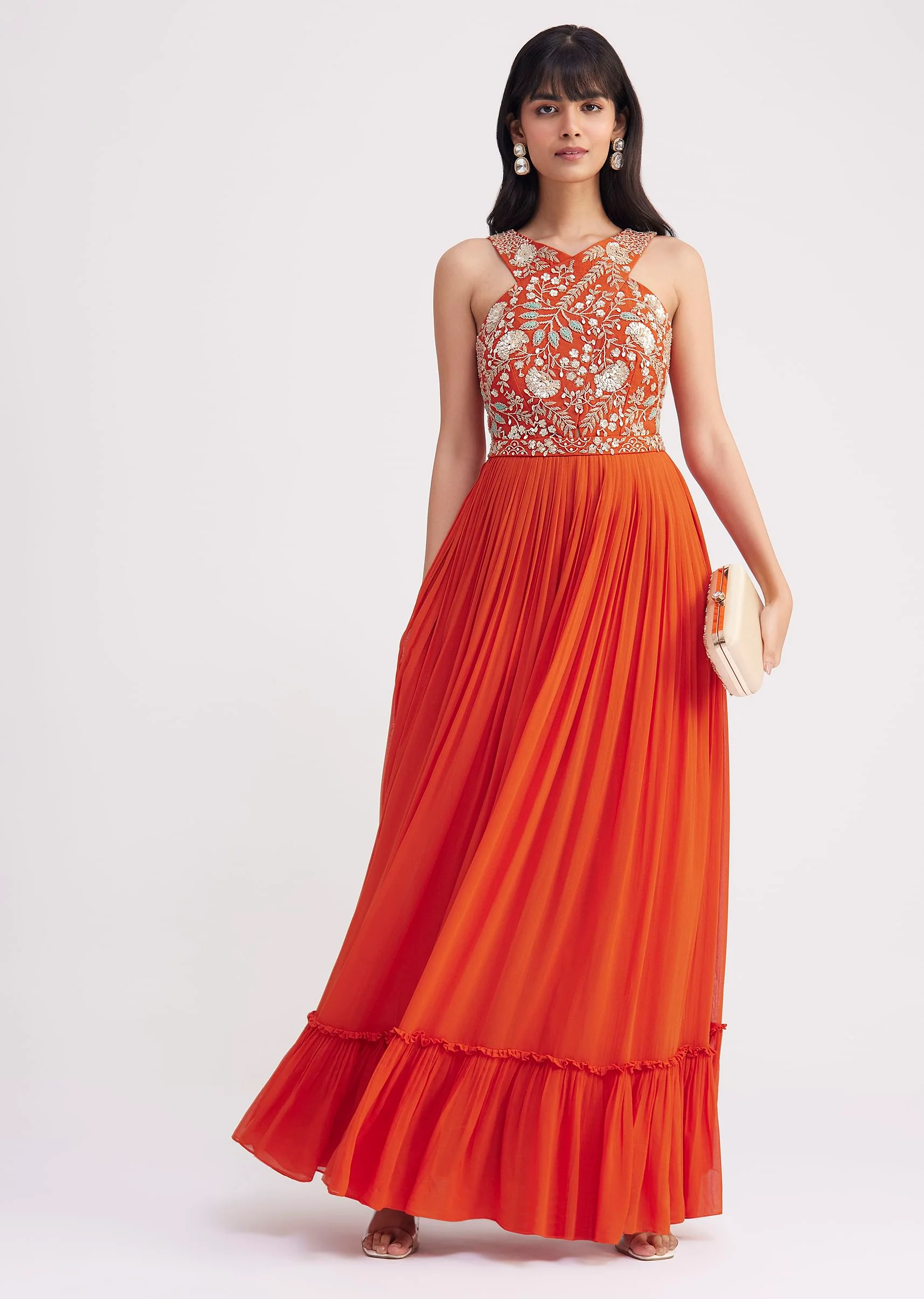 Orange Georgette Embroidered Jumpsuit With Belt - Image 3