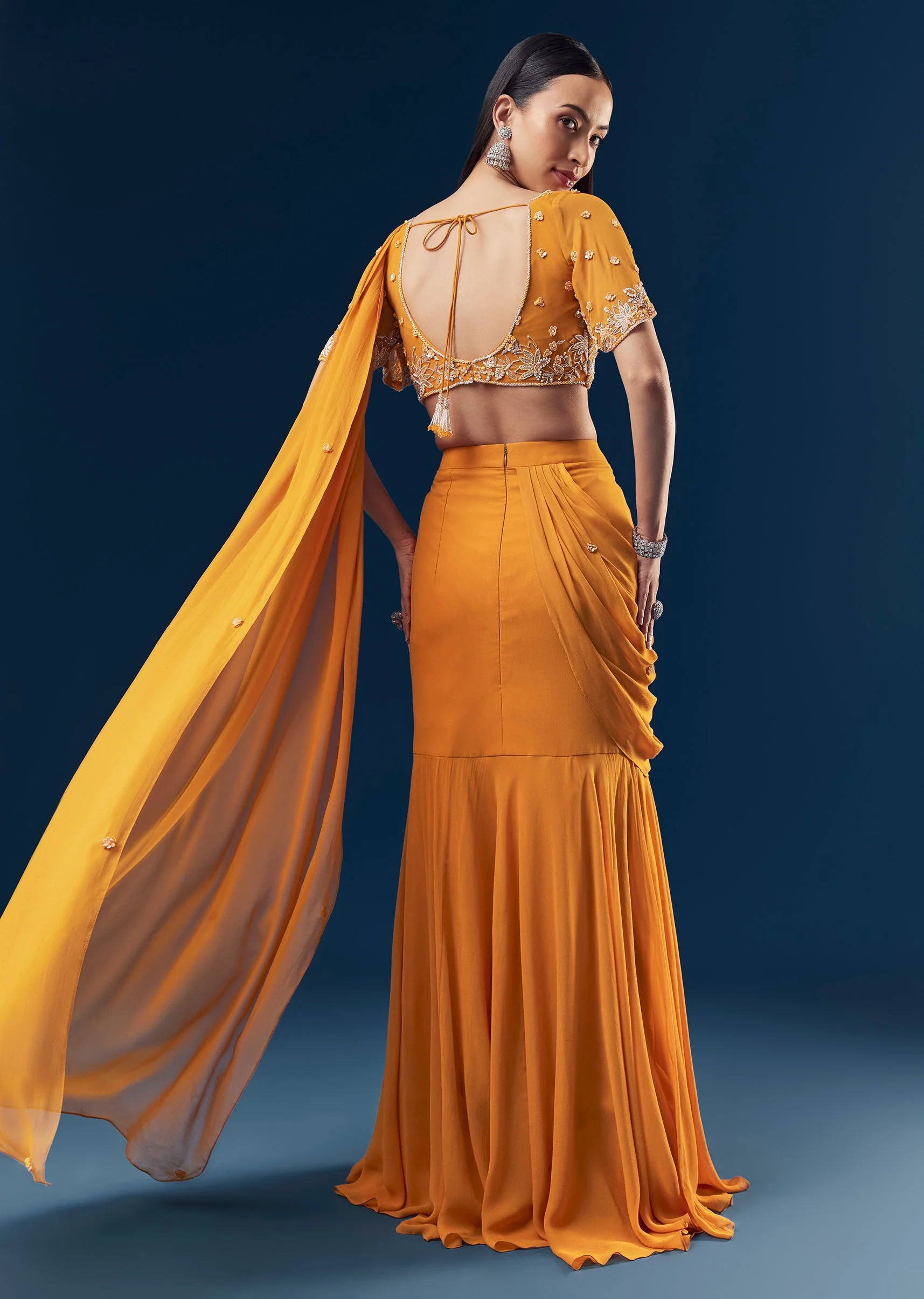 Orange Georgette Fish Cut Ready Pleated Indo Western Saree With Embroidered Blouse And Cut Dana Sequin And Pearl Detailing - Image 2