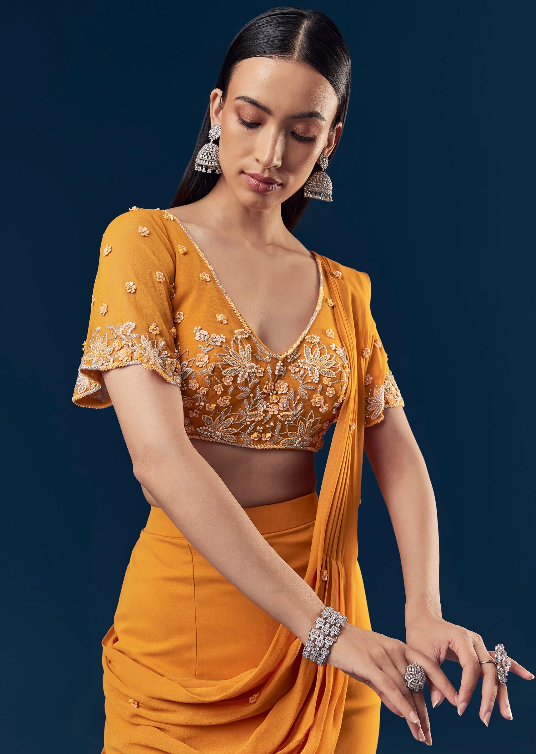 Orange Georgette Fish Cut Ready Pleated Indo Western Saree With Embroidered Blouse And Cut Dana Sequin And Pearl Detailing - Image 3