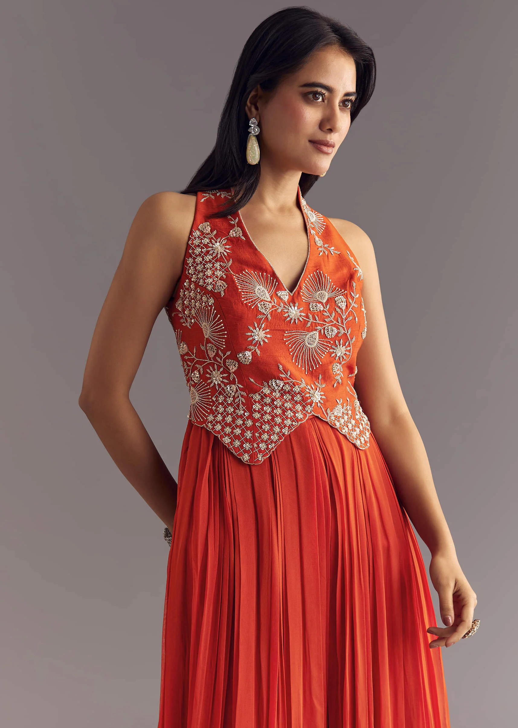 Orange Georgette Jumpsuit With Moti And Sequins Embroidery - Image 2