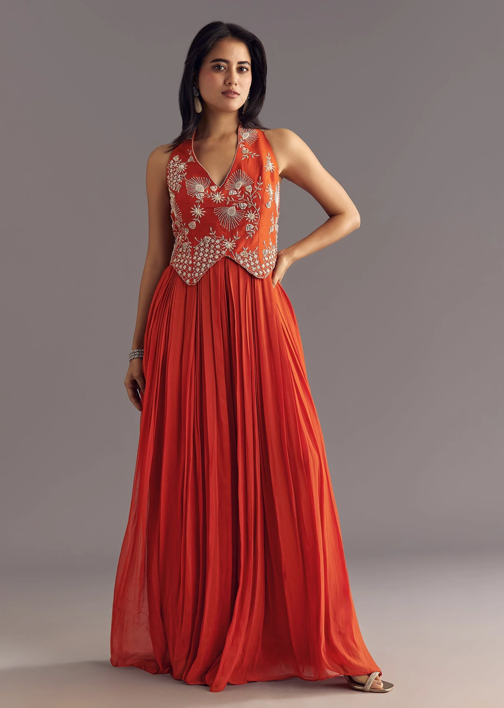 Orange Georgette Jumpsuit With Moti And Sequins Embroidery - Image 3