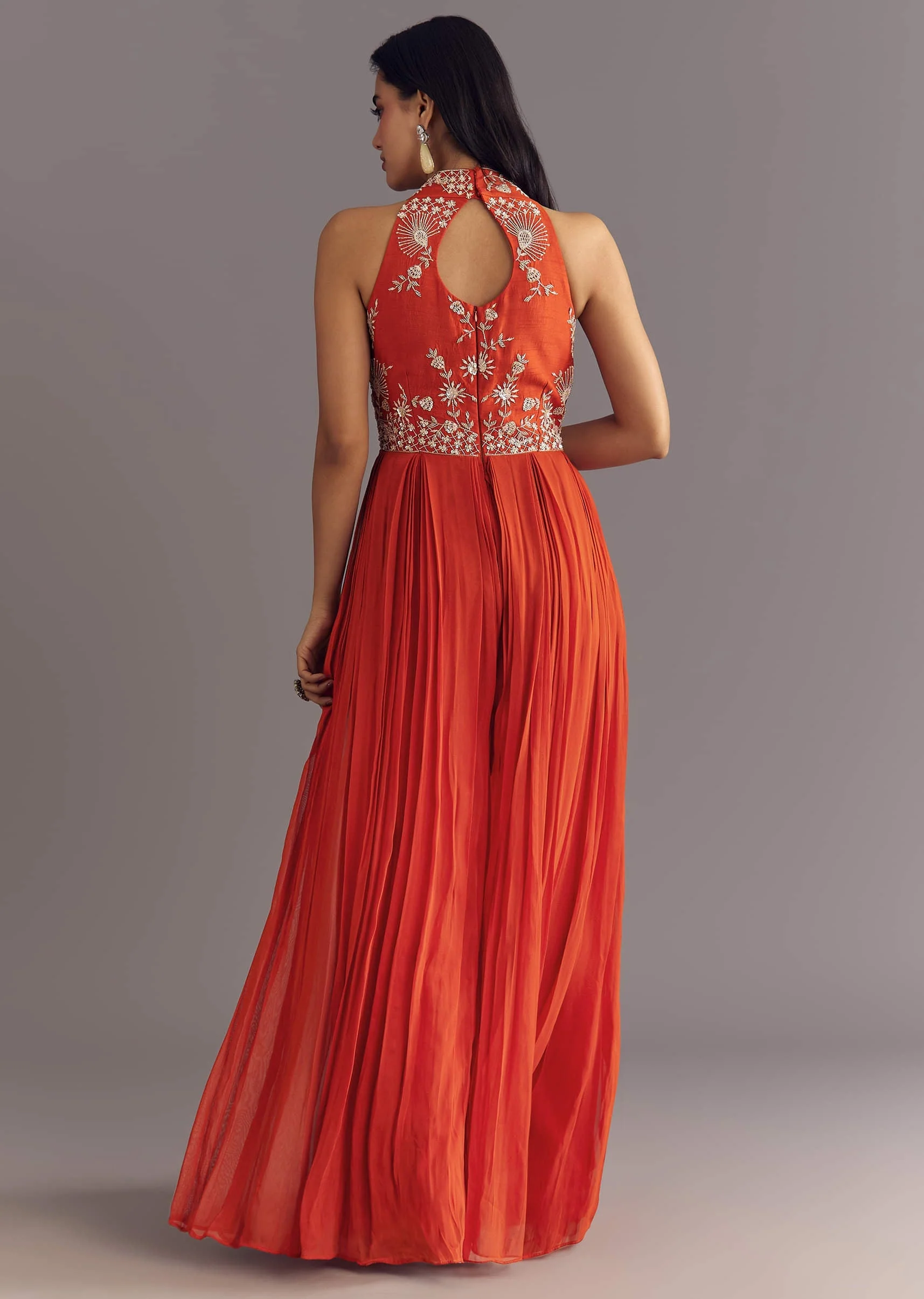 Orange Georgette Jumpsuit With Moti And Sequins Embroidery - Image 5