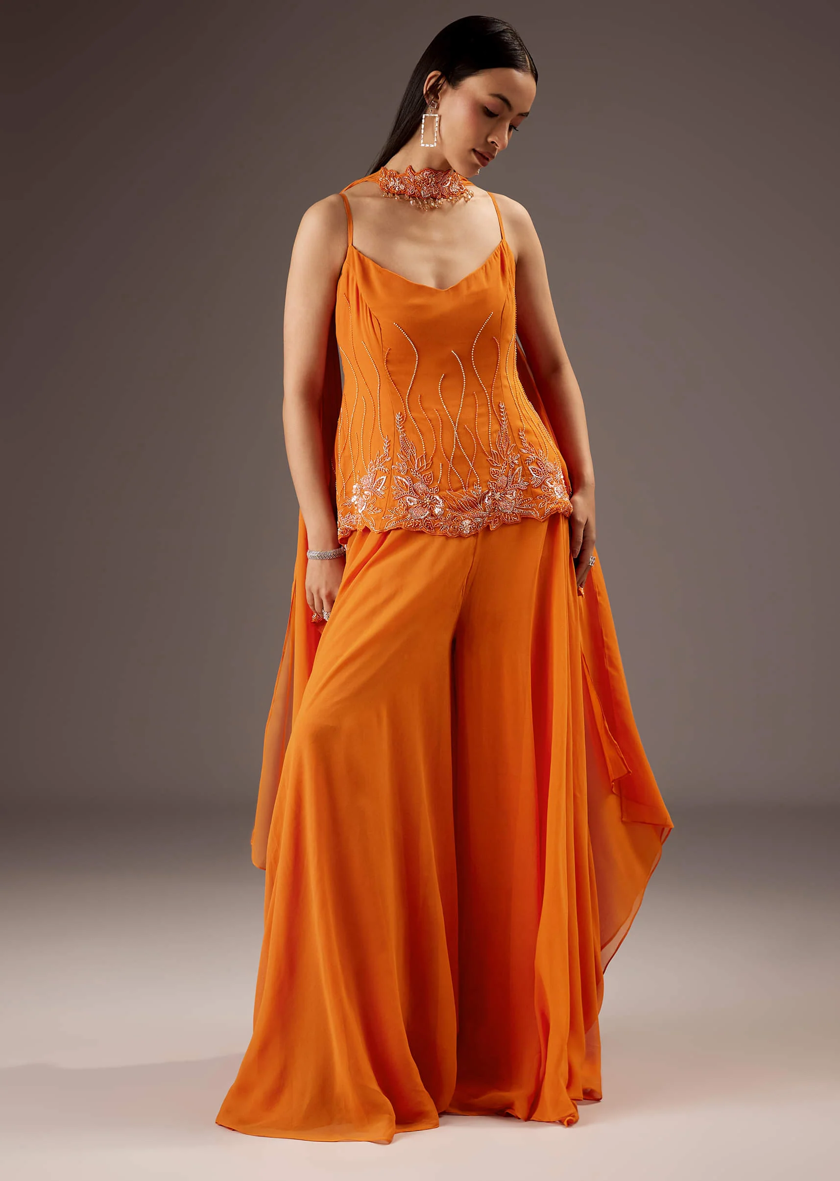 Orange Georgette Palazzo Suit With Heavy Embroidery - Image 4