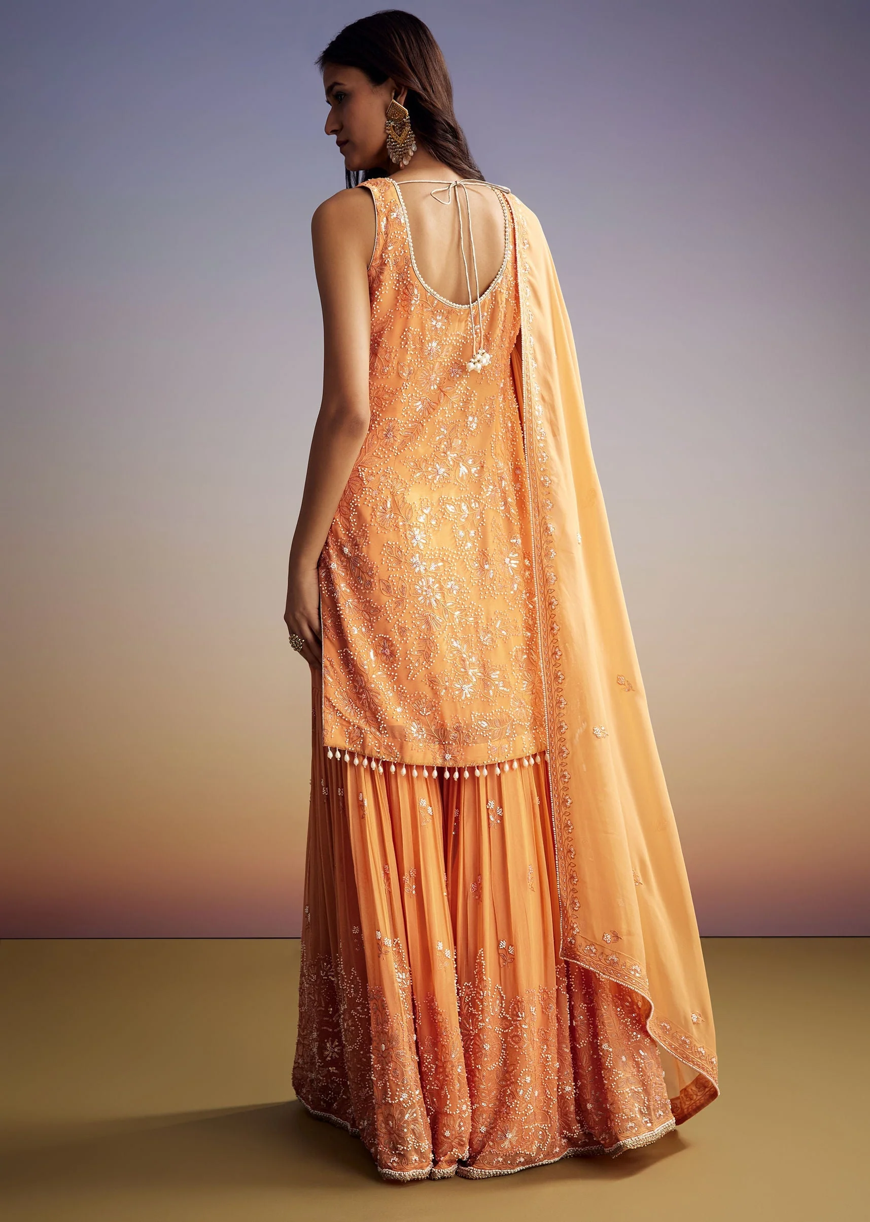 Orange Georgette Sharara Suit With Embroidered Kurta And Dupatta - Image 5