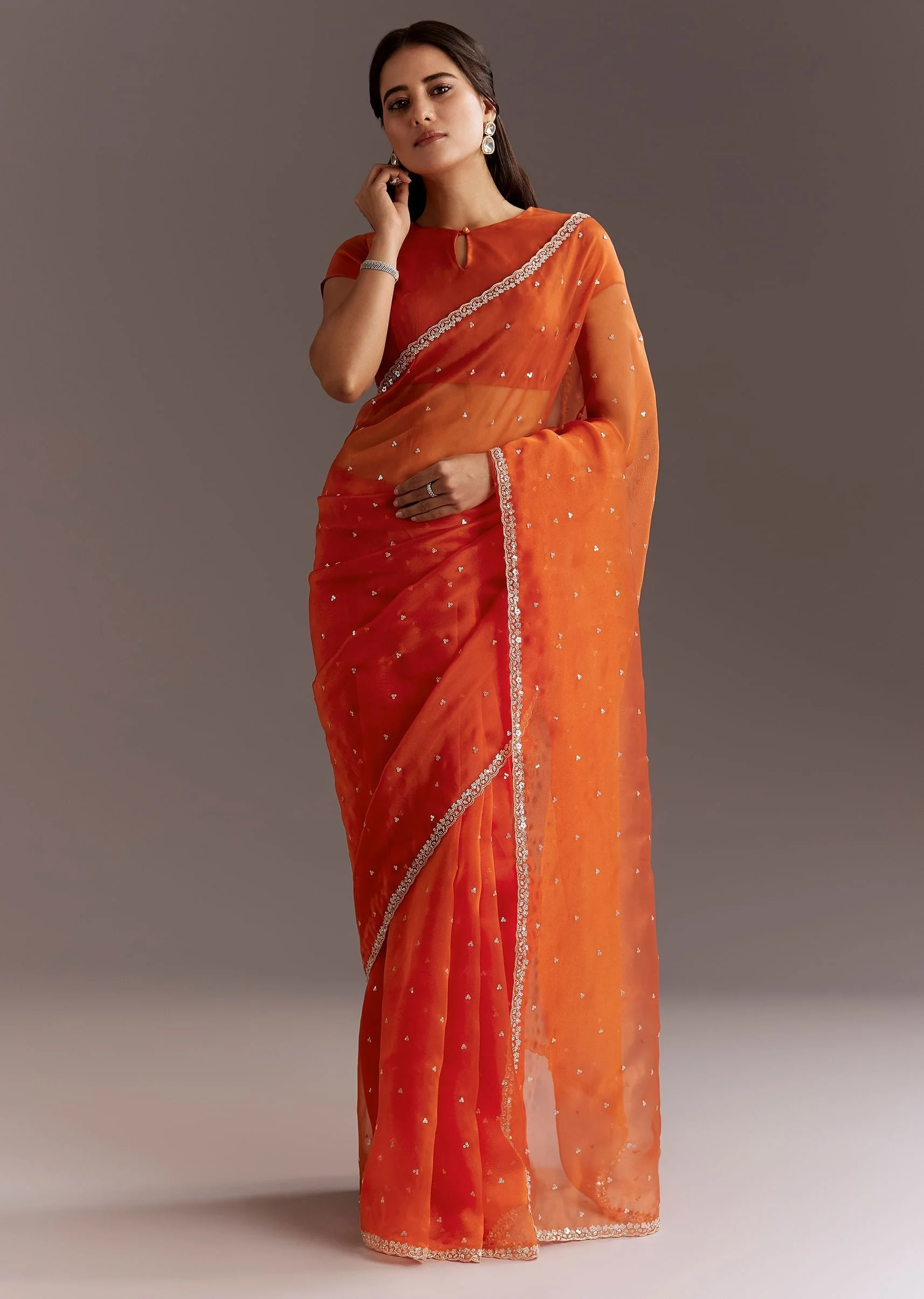 Orange Glass Tissue Saree With Cutdana And Sequins Scallop Border - Image 3