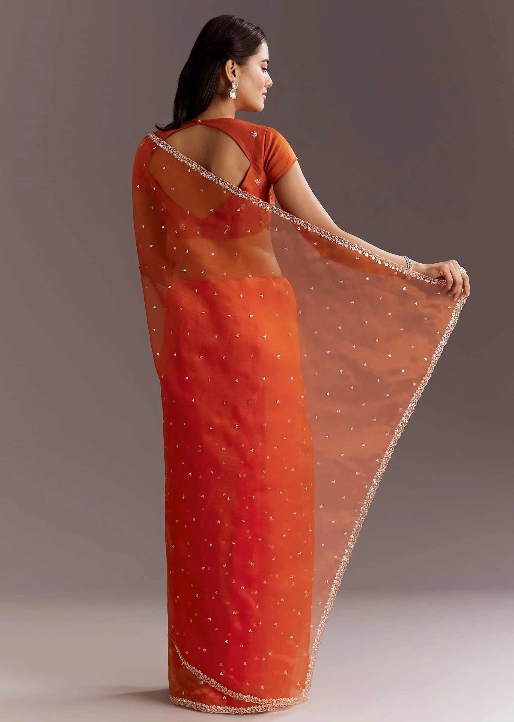 Orange Glass Tissue Saree With Cutdana And Sequins Scallop Border - Image 6
