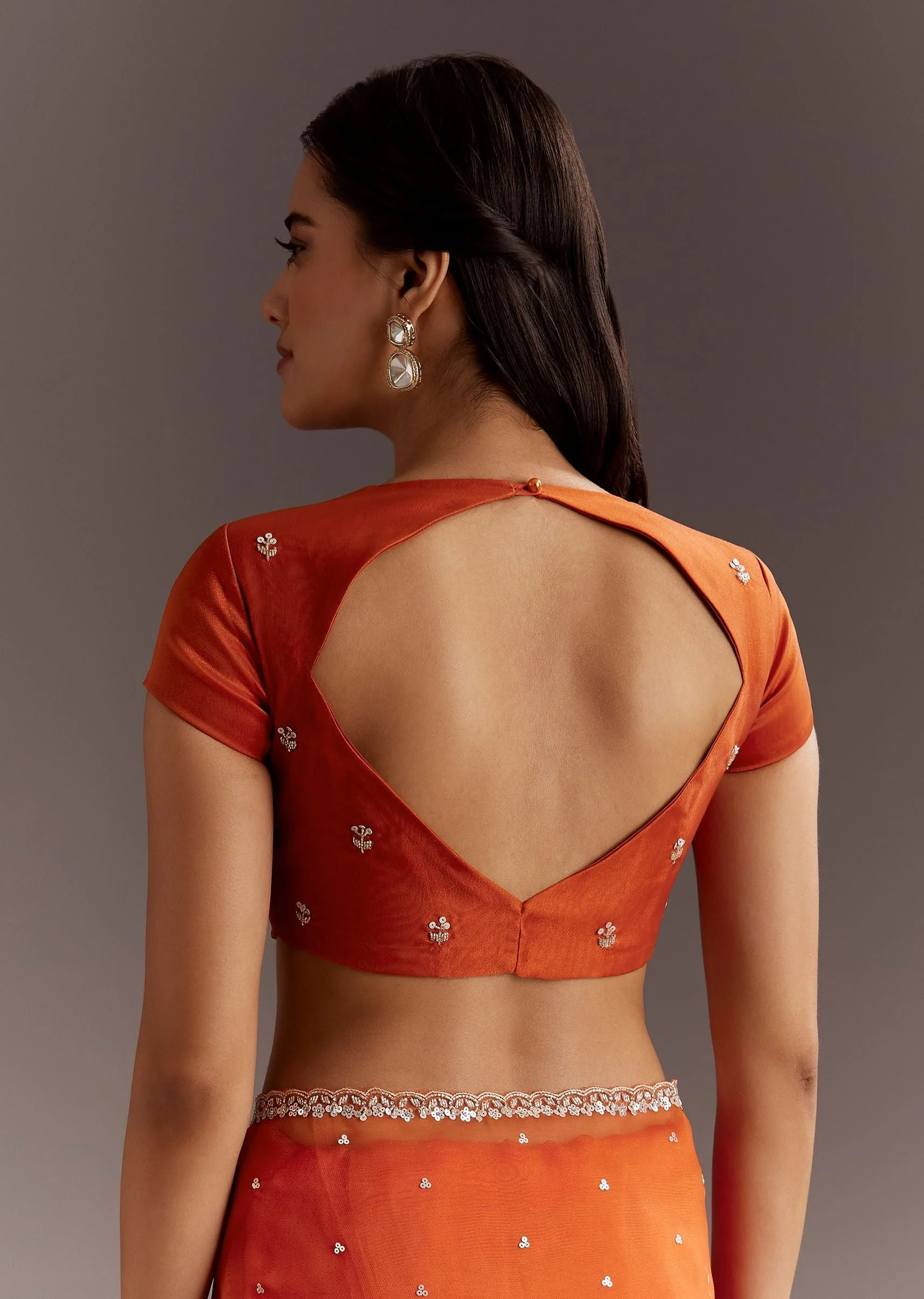 Orange Glass Tissue Saree With Cutdana And Sequins Scallop Border - Image 8