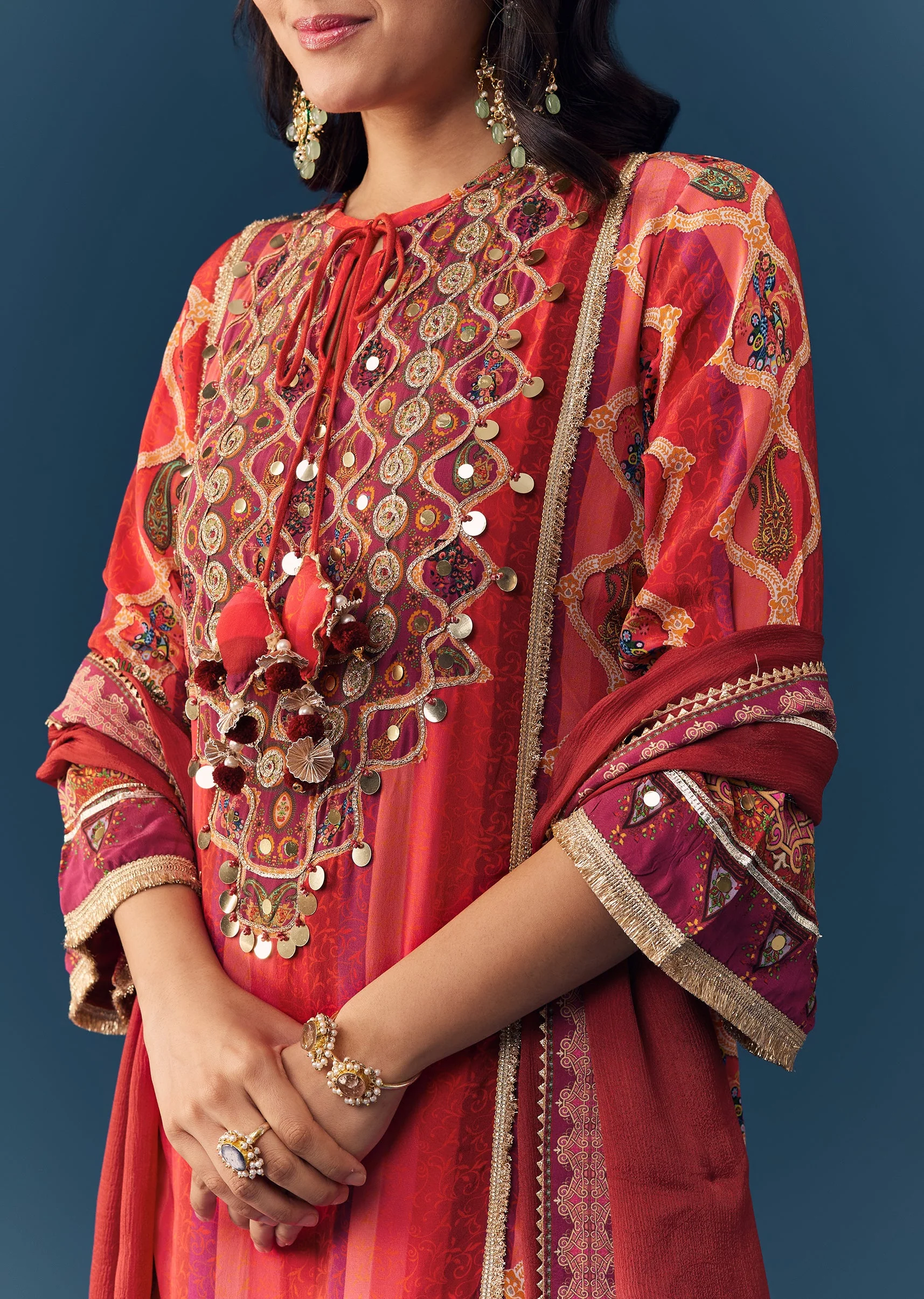Orange Gota Lace Work Kurta Set with Handbag - Image 2
