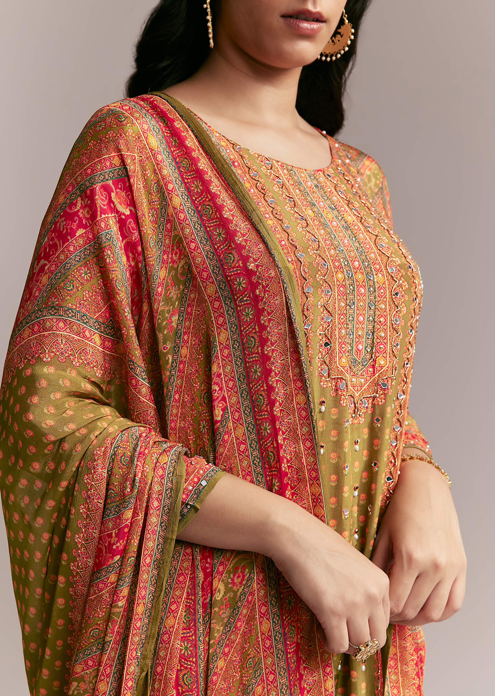 Orange Green Printed Kurta Set - Image 2