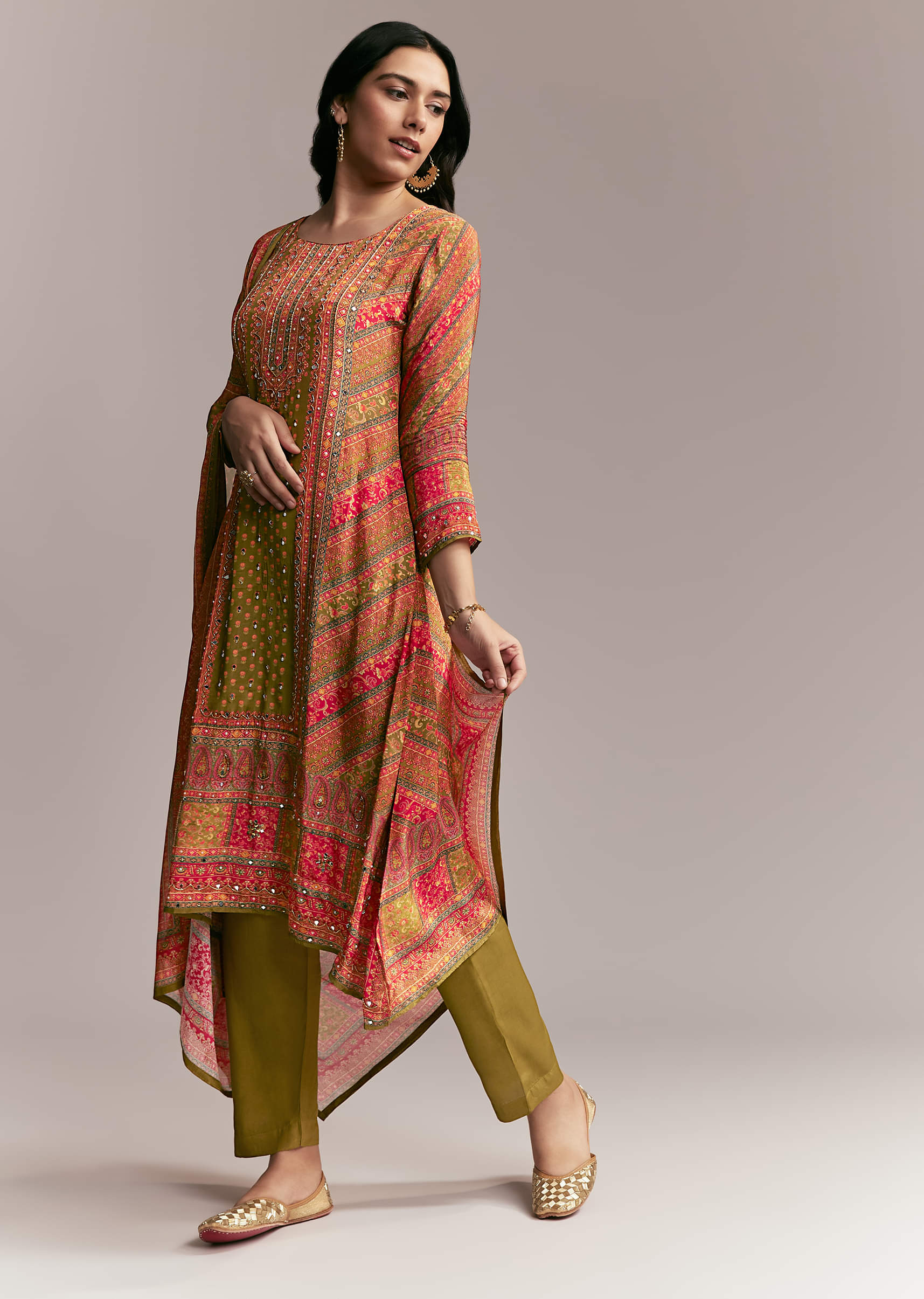 Orange Green Printed Kurta Set - Image 3