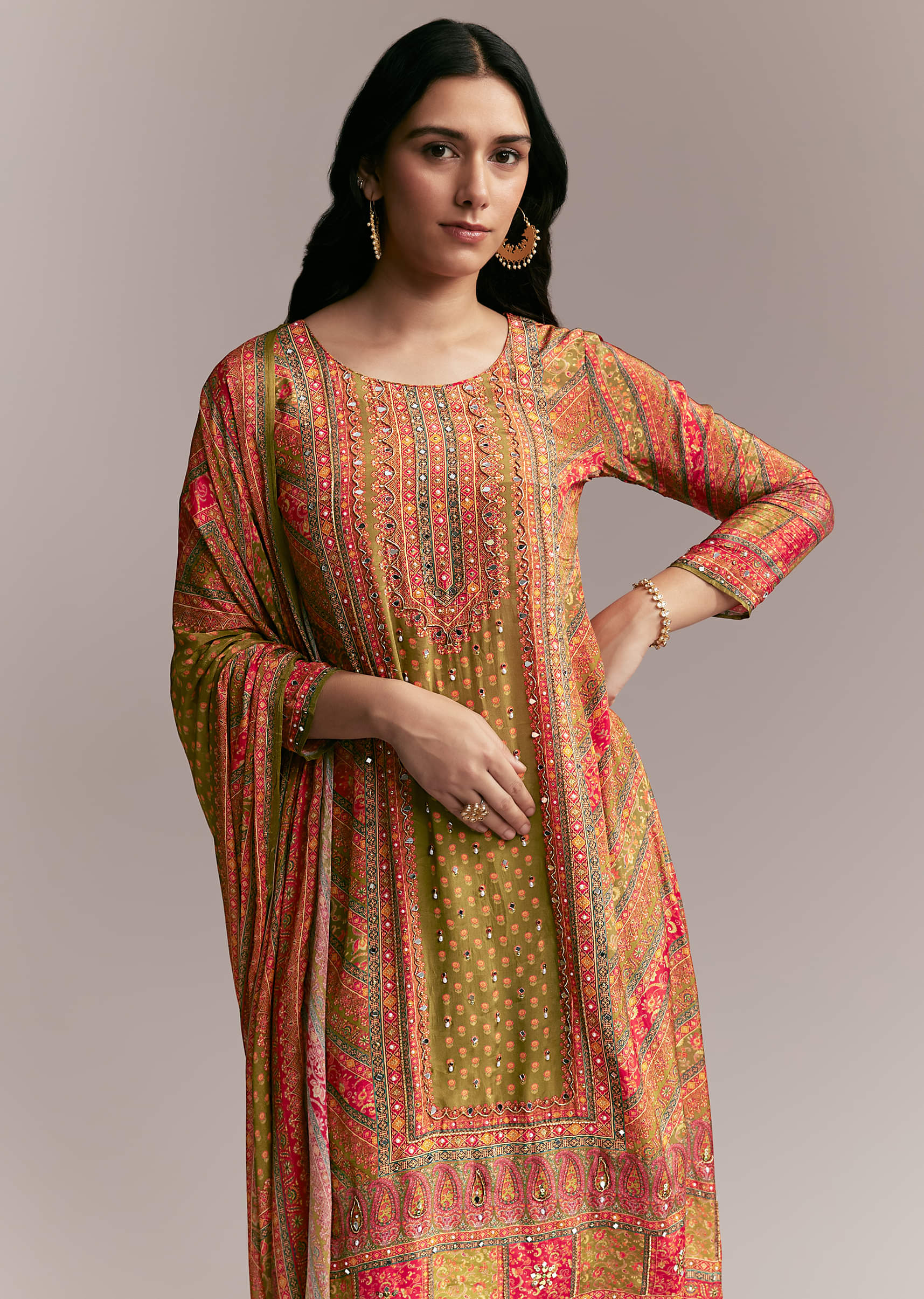 Orange Green Printed Kurta Set - Image 5