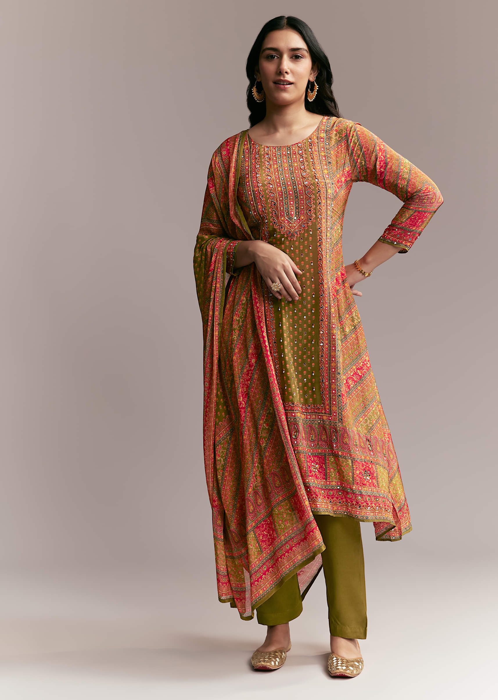 Orange Green Printed Kurta Set - Image 7