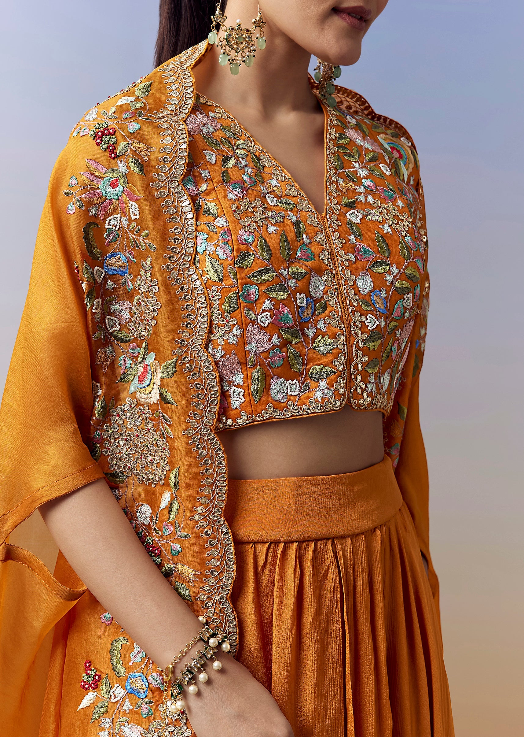Orange Indo Western Crop Top Skirt Set With Parsi Work And Cape - Image 2